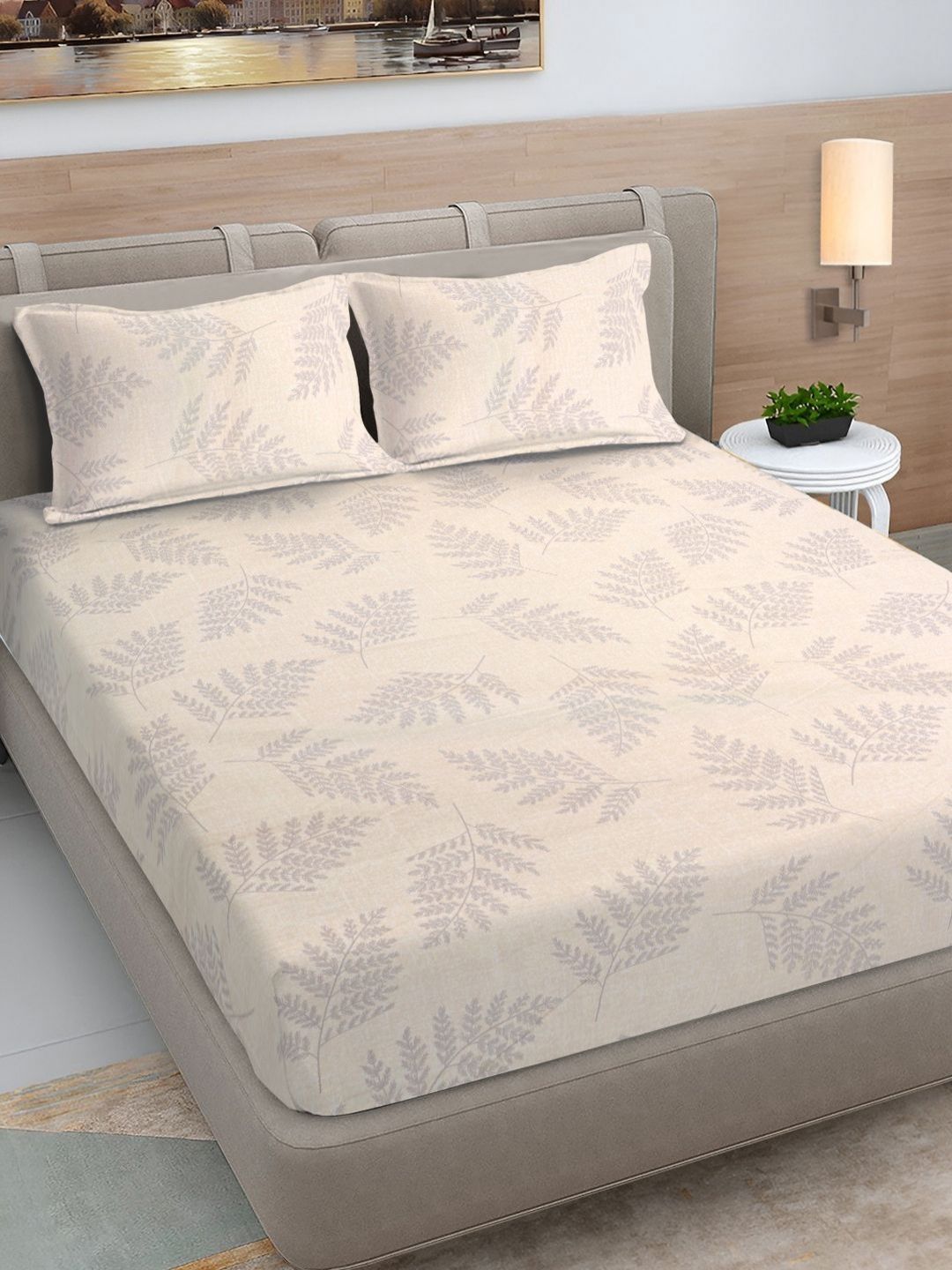 Myntra Elegant Homes Beige & White 300 TC King Bedsheet with 2 Pillow Covers-picture-23