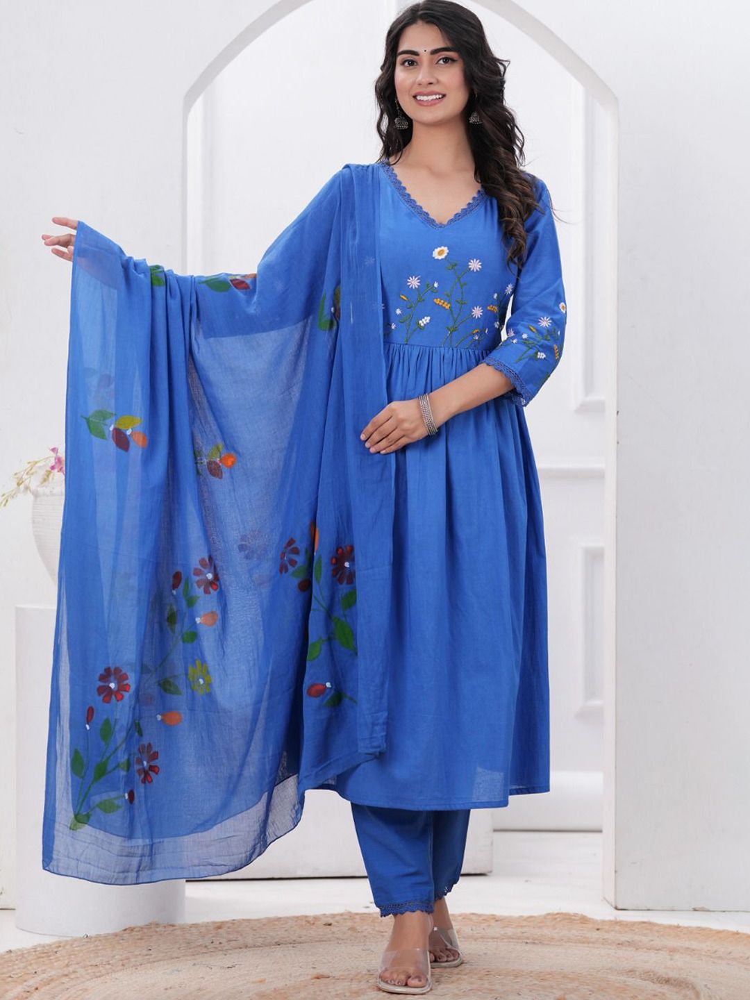FCV Floral Embroidered V-Neck Pure Cotton Kurta with Salwar & Dupatta