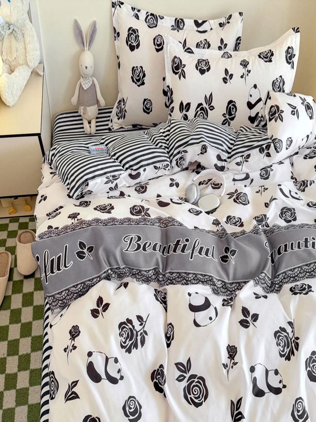 JC HOME White & Black Floral Polycotton 3 Piece Single Regular Bedding Set-picture-18