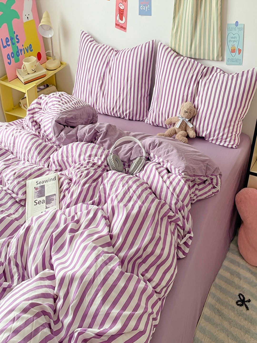 JC HOME Purple & White Striped Polycotton 3 Piece Double Extra Large Regular Bedding Set-picture-23