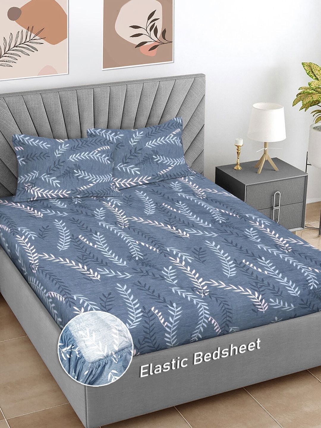 Myntra Elegant Homes Blue & White Floral 300 TC Fitted Double King Bedsheet Set-2.5mX2.25m-picture-38