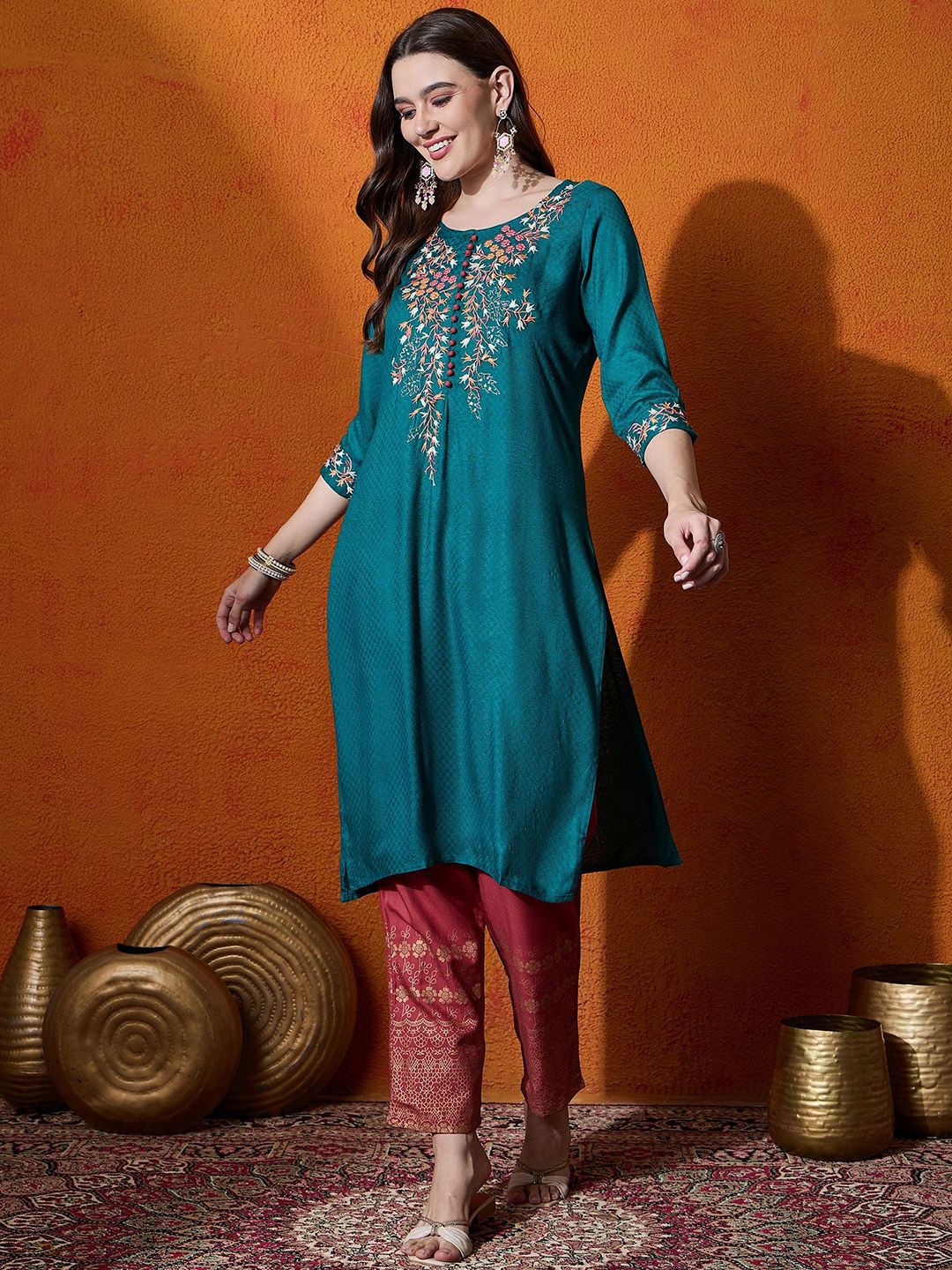Anouk Rustic Floral Yoke Design Thread Work Straight Kurta With Trousers