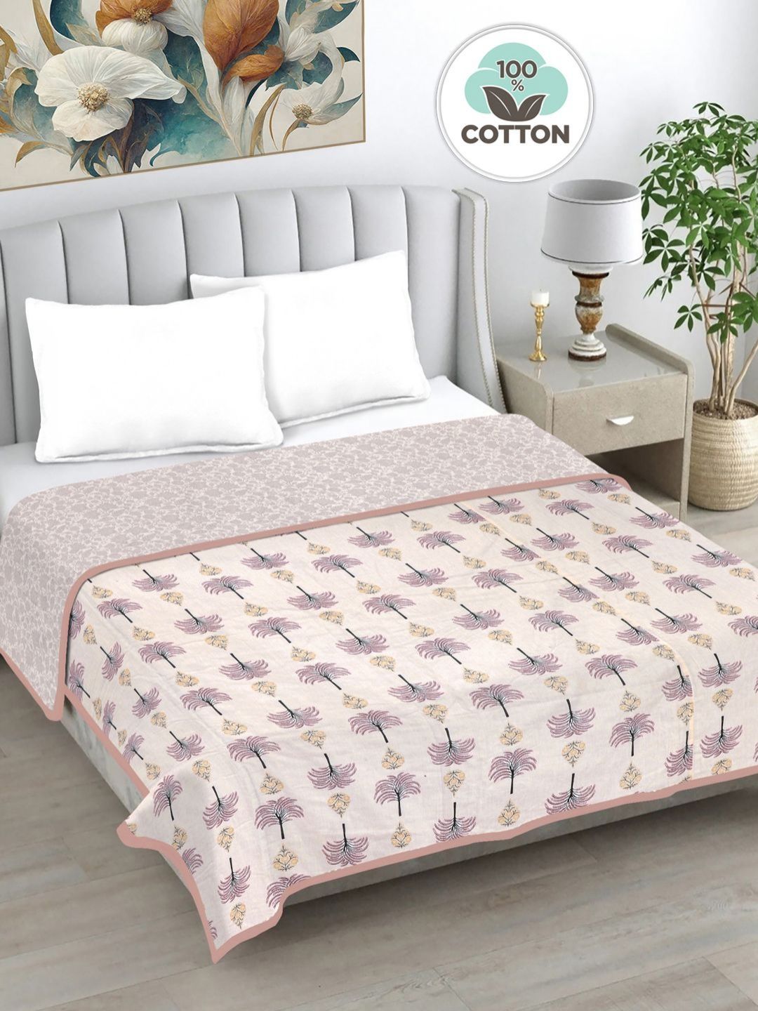 Myntra Elegant Homes Pink & Yellow Floral AC Room 233 GSM Cotton Double Bed Dohar-image-21
