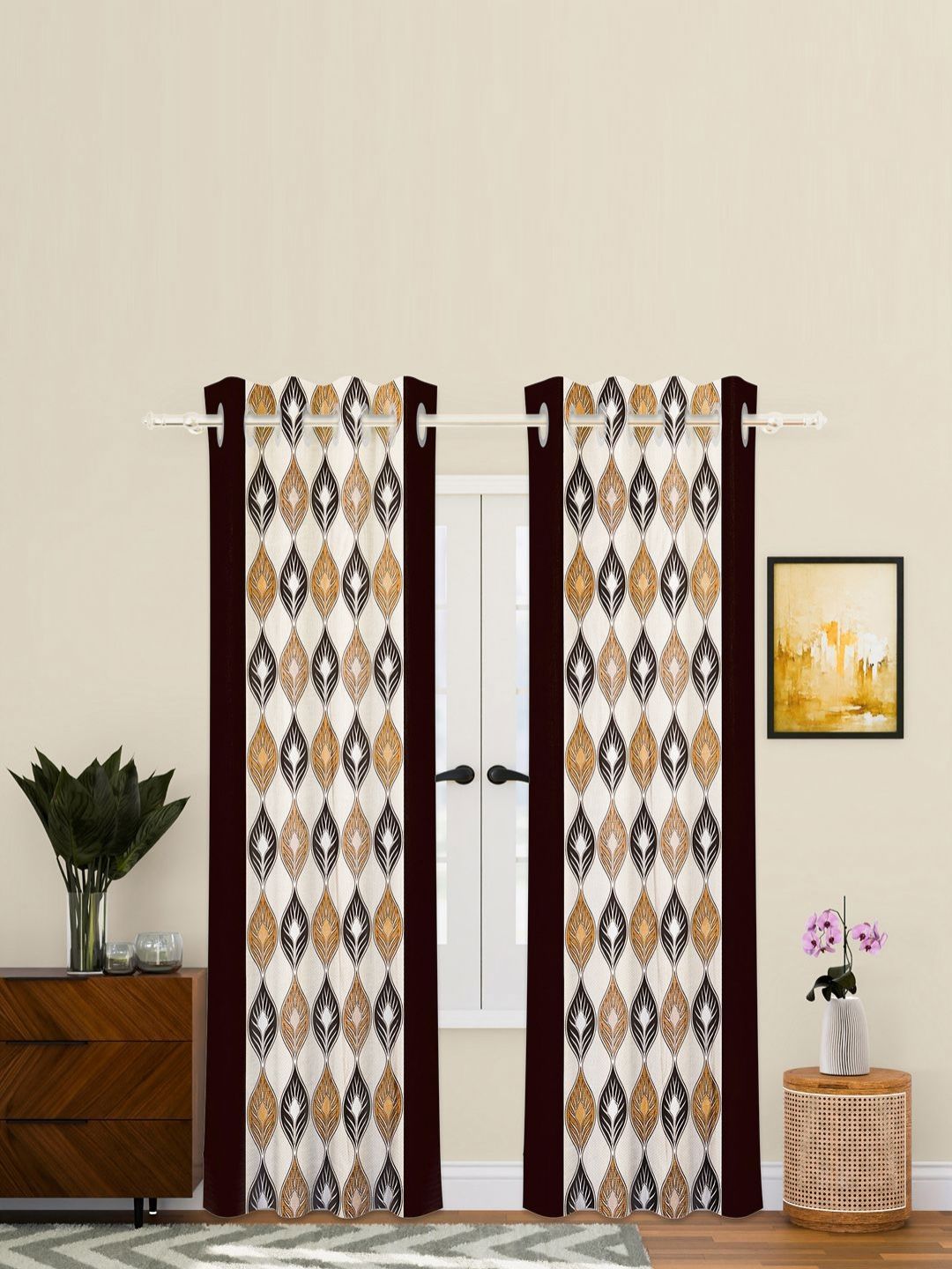 Aura Brown & Beige 2 Pieces Floral Printed Long Door Curtains