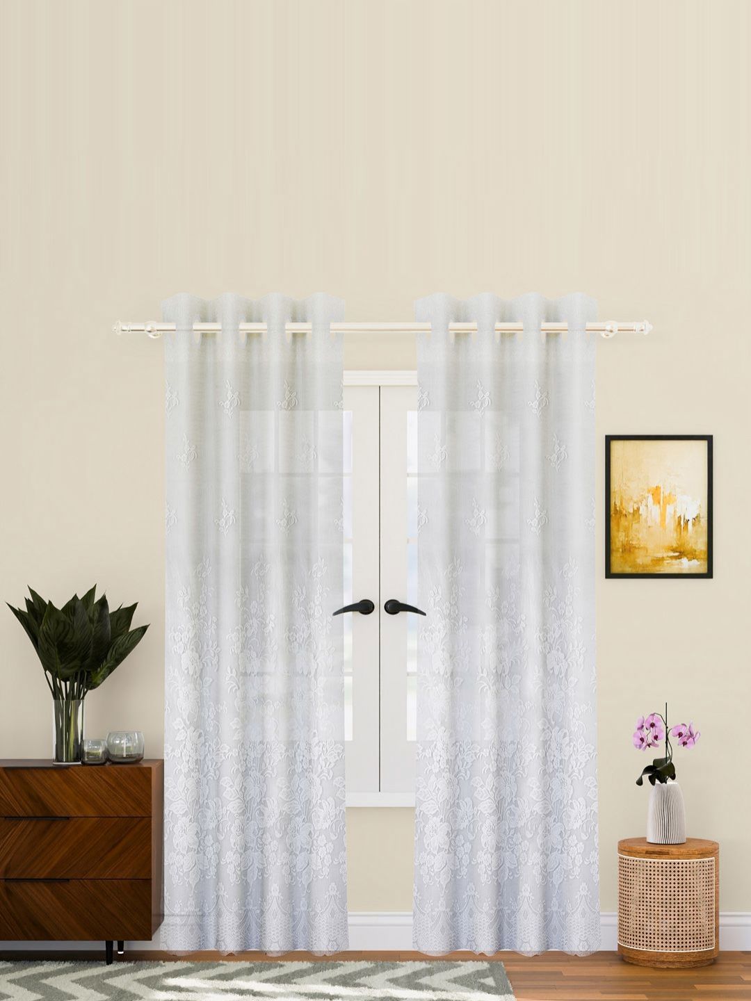 Aura White 2 Pieces Floral Printed Cotton Long Door Curtains