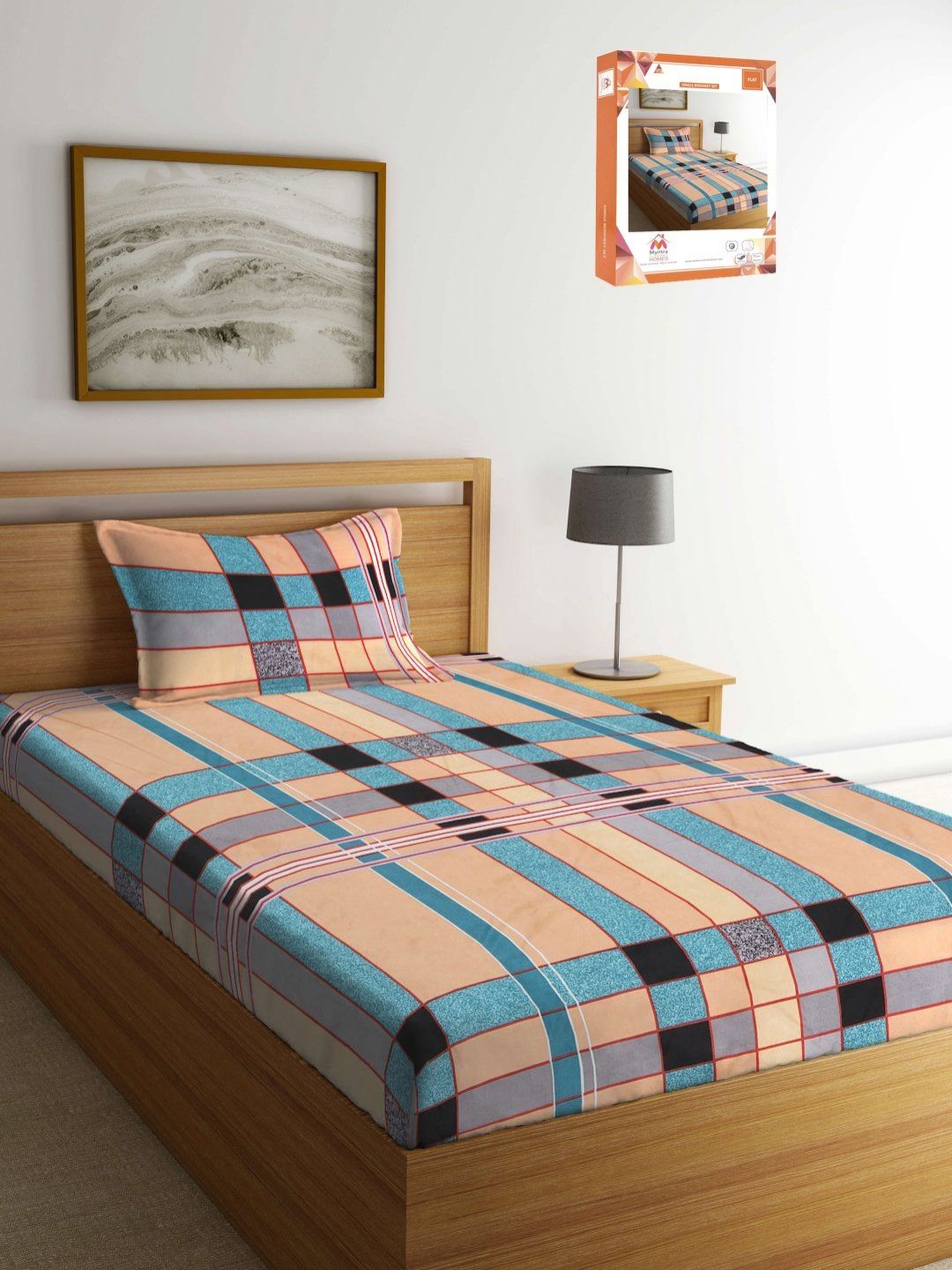 Myntra Elegant Homes Beige & Blue 300 TC Single Bedsheet with 1 Pillow Covers-picture-13