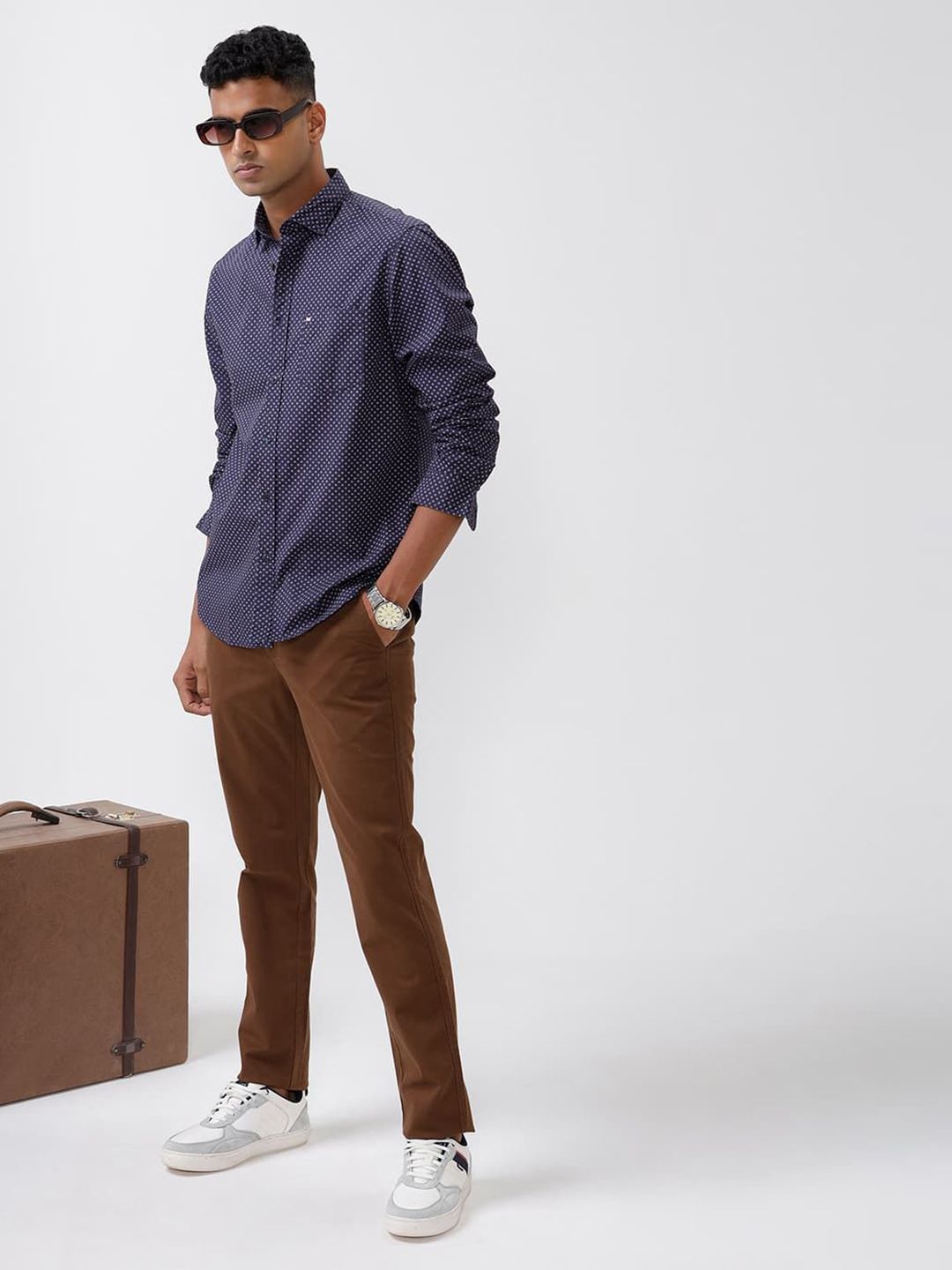 Basics Geometric Printed Spread Collar Relaxed Slim Fit Cotton Shirt-picture-14