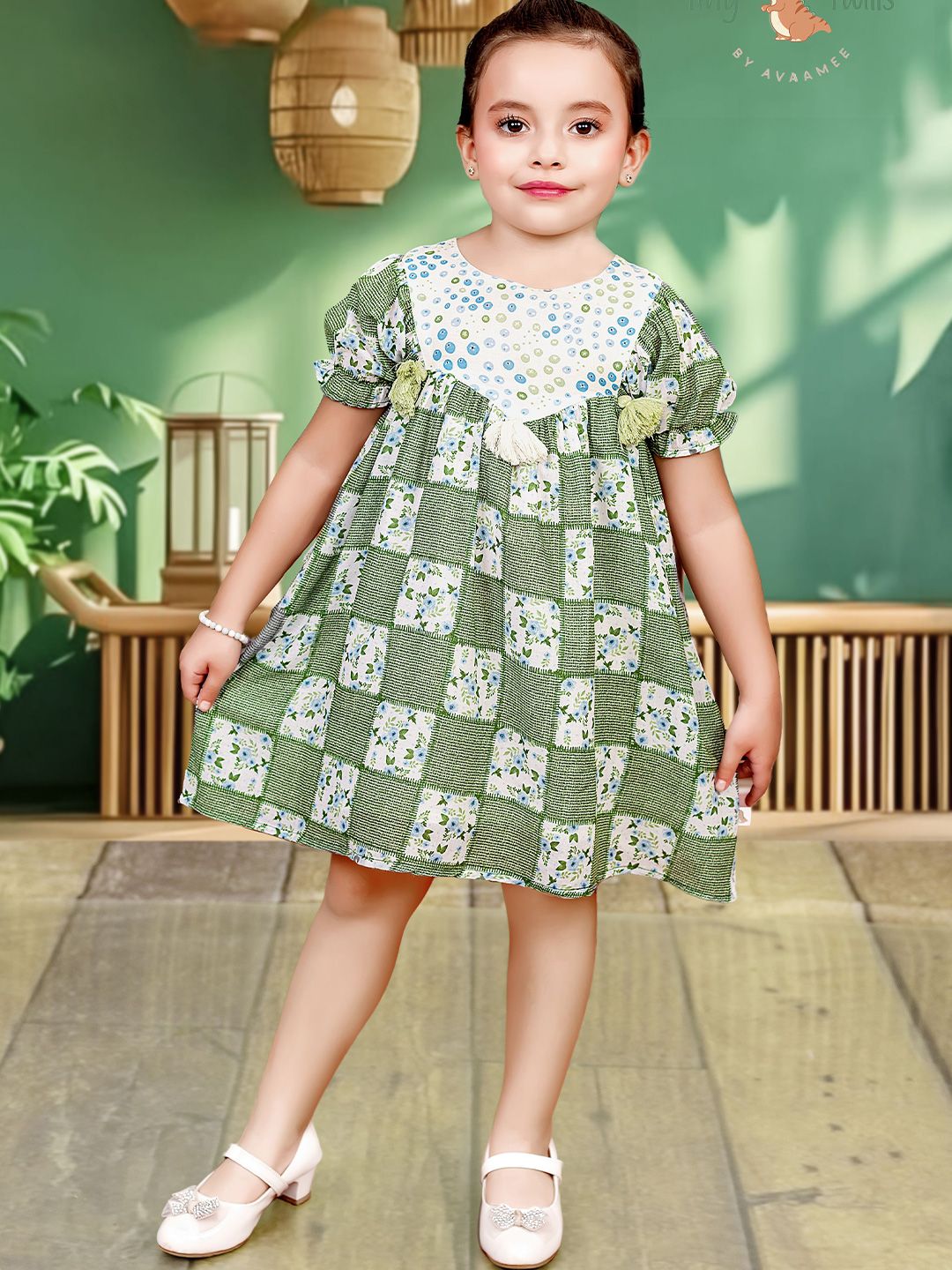 TINY TWILLS Kids Girls Floral Printed Round Neck Puff Sleeve A-Line Mini Dress-picture-12