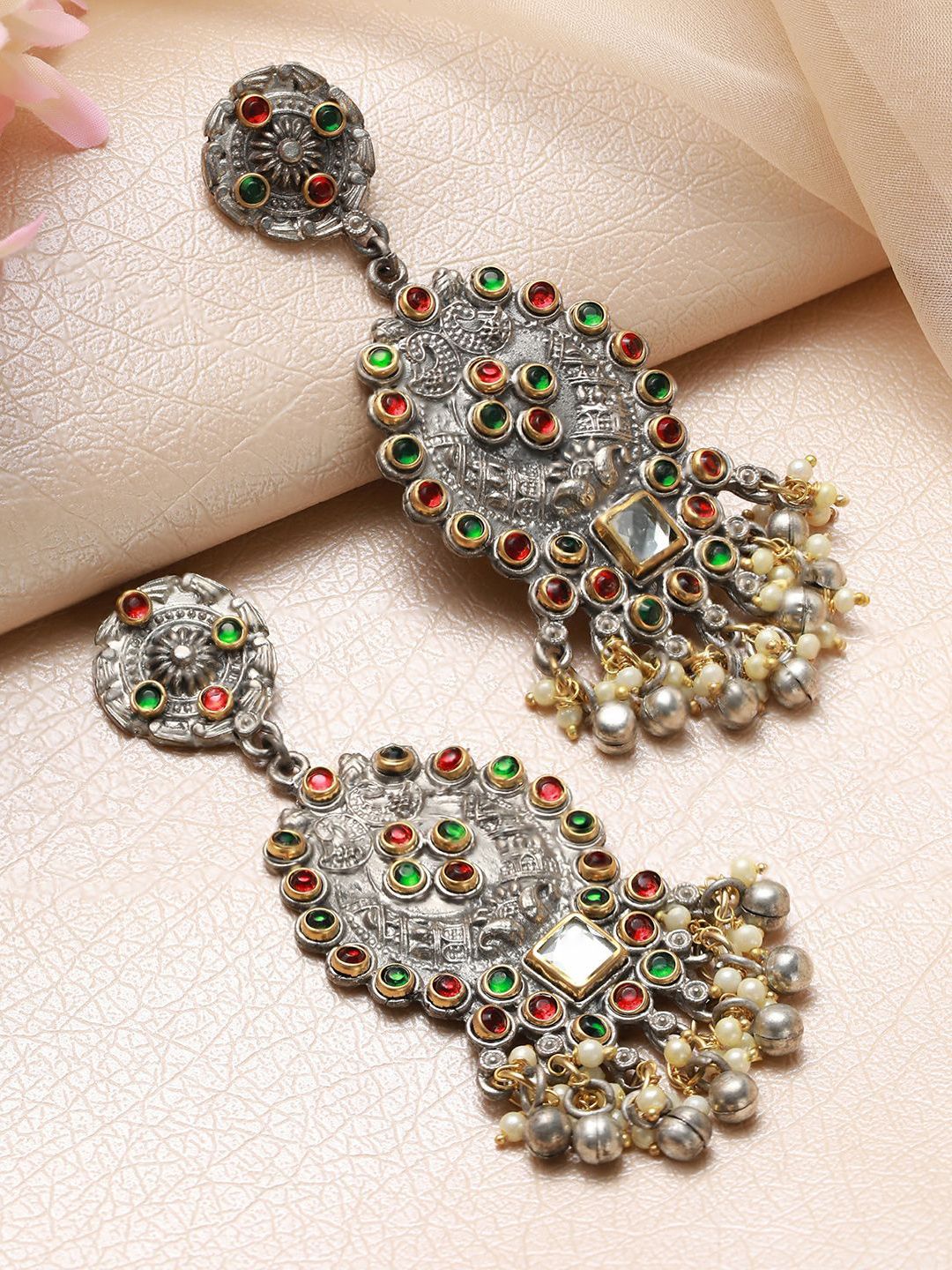 Sangria Silver-Plated Artificial Stones & Kundan Studded Contemporary Drop Earrings-image-13