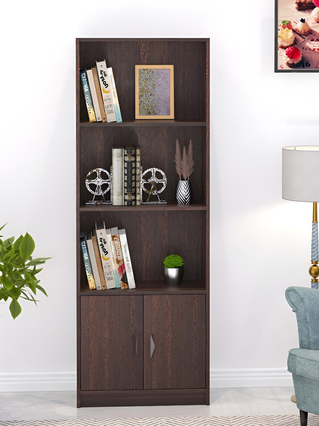 bluewud Brown 3 Tier BookShelf With 2 Door Cabinet