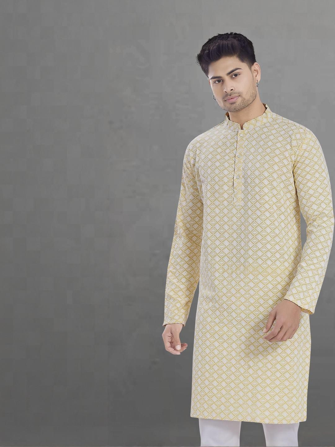 Pulseiq Men Geometric Embroidered Festive Cotton Straight Kurta-picture-27