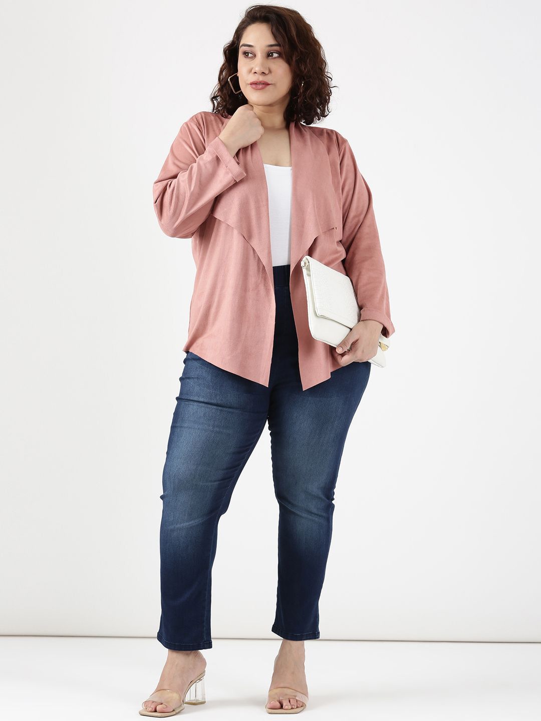 The Pink Moon Women Solid Waterfall Plus Size Open Front Jacket