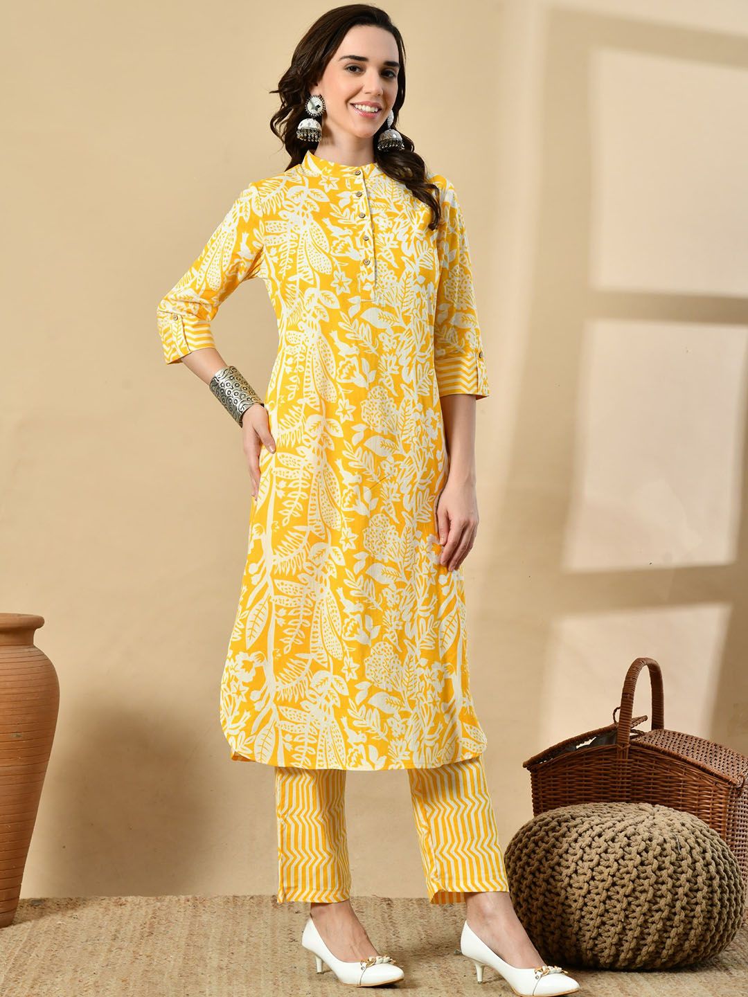 HERE&NOW Women Ethnic Motifs Printed Regular Pure Cotton Kurta with Palazzos