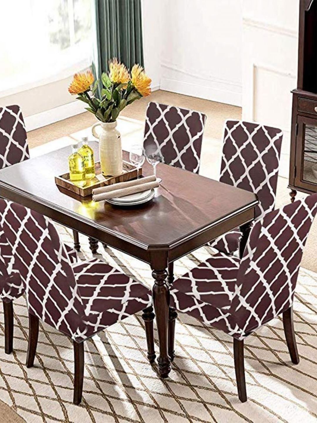 Aura 6-Pcs Brown & White Printed Stretchable Chair Covers-image-16