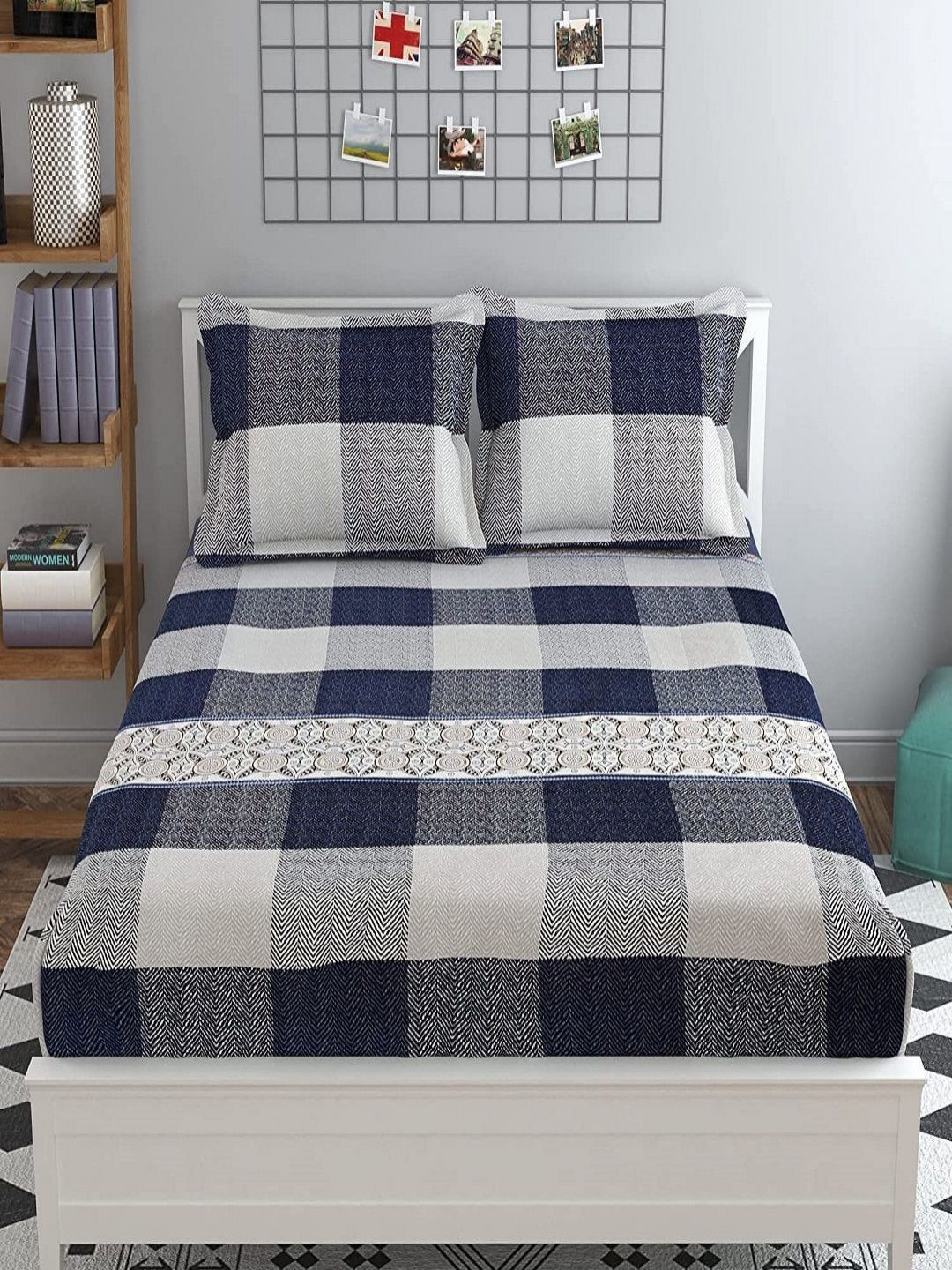 Aura Blue & White Geometric Printed 210 TC Microfiber King Bedsheet Set 2.74 m x 2.74 m-picture-22
