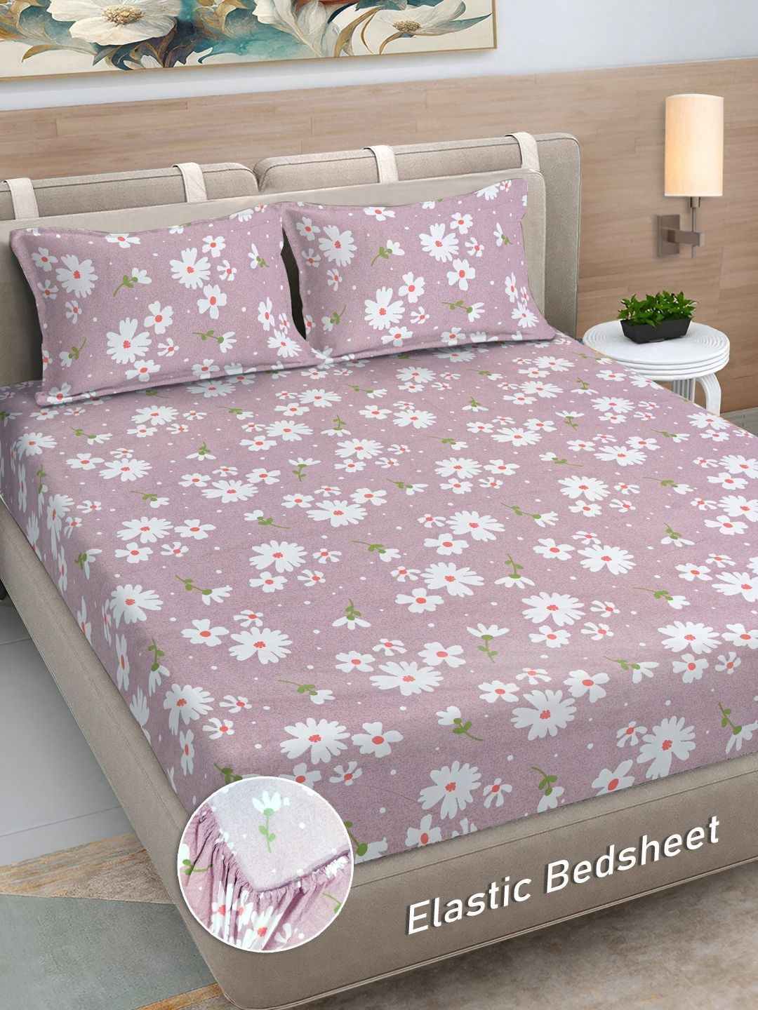 Myntra Elegant Homes Purple & White Printed 300 TC Fitted King Bedsheet Set 2.5 x 2.25 m-picture-36