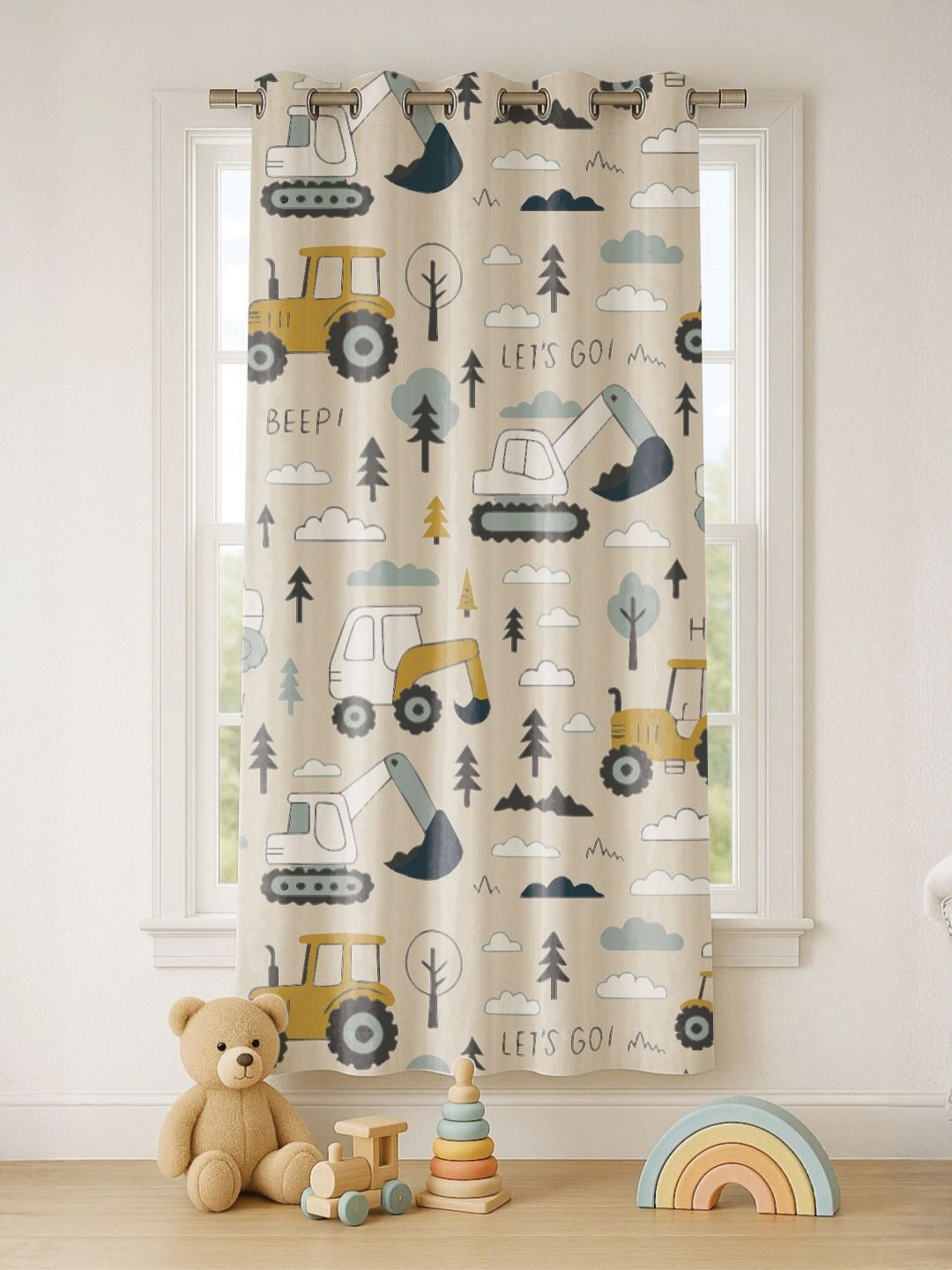 STITCHNEST Kids Brown & White Little Tractors Printed Velvet Window Curtain-picture-22