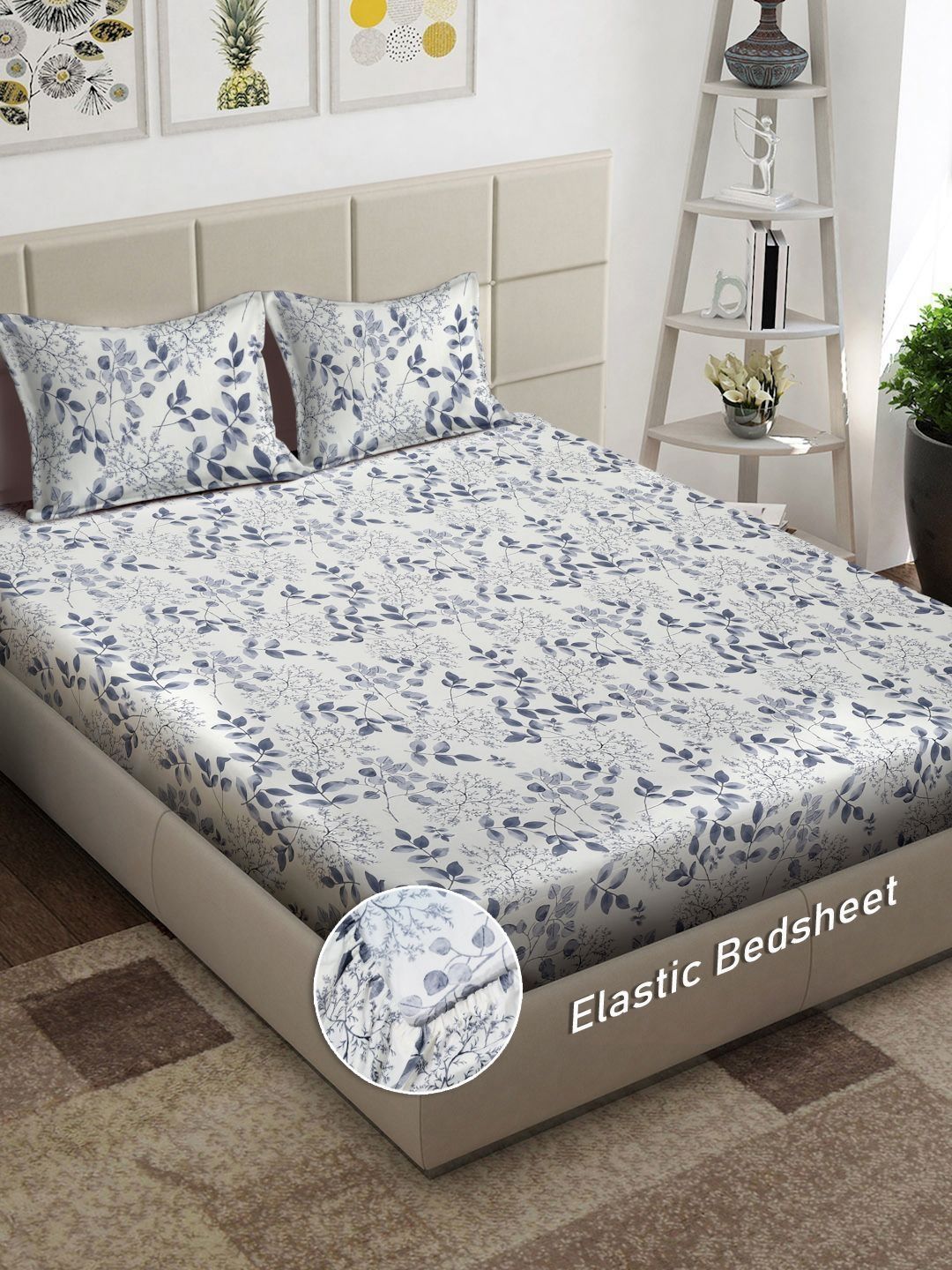 Myntra Elegant Homes White & Grey Floral 300 TC Fitted Double King Bedsheet Set-2.5mX2.25m-picture-27