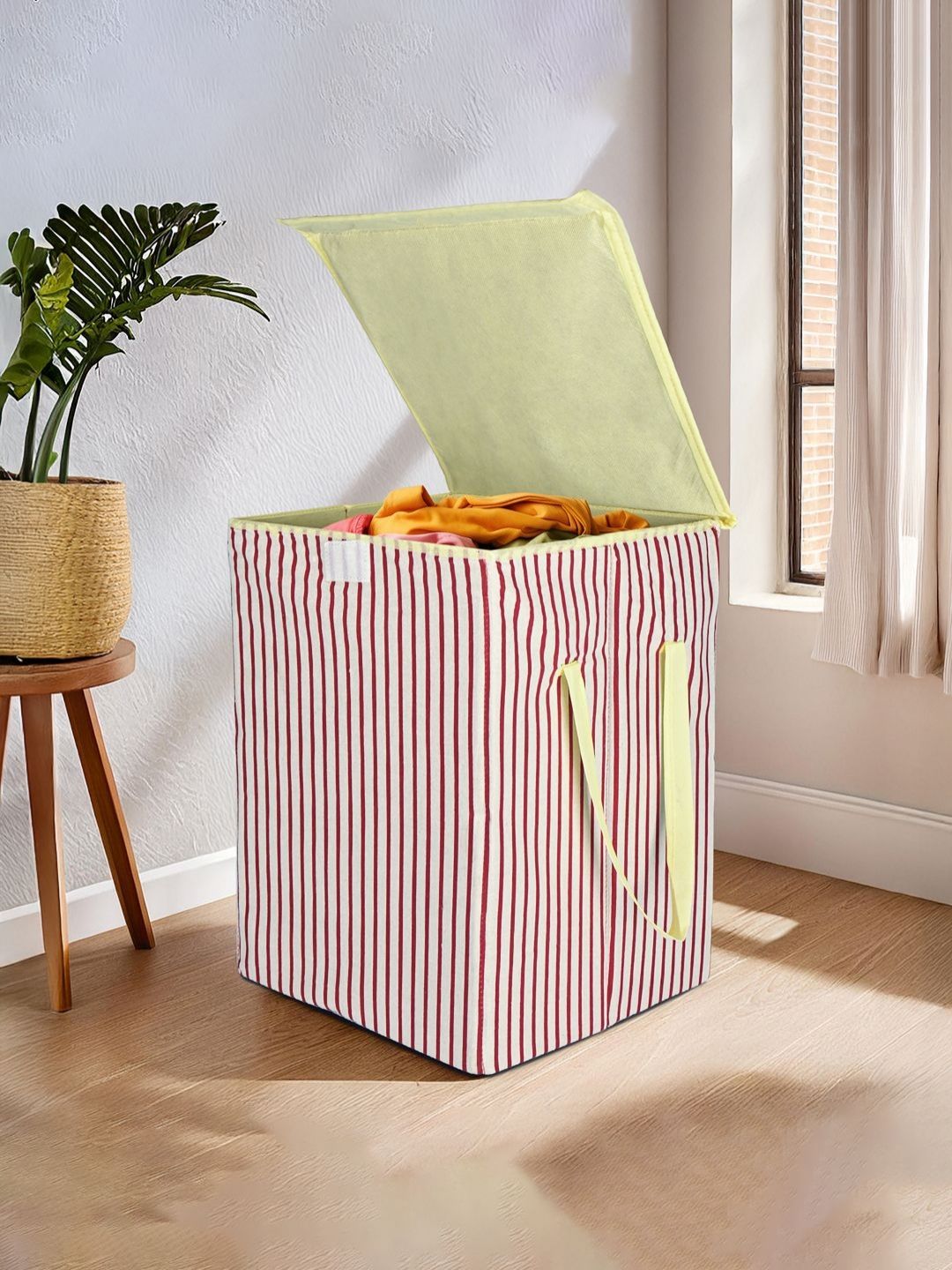Aura White & Maroon Striped Foldable Laundry Bag With Lid 75 L-image-23