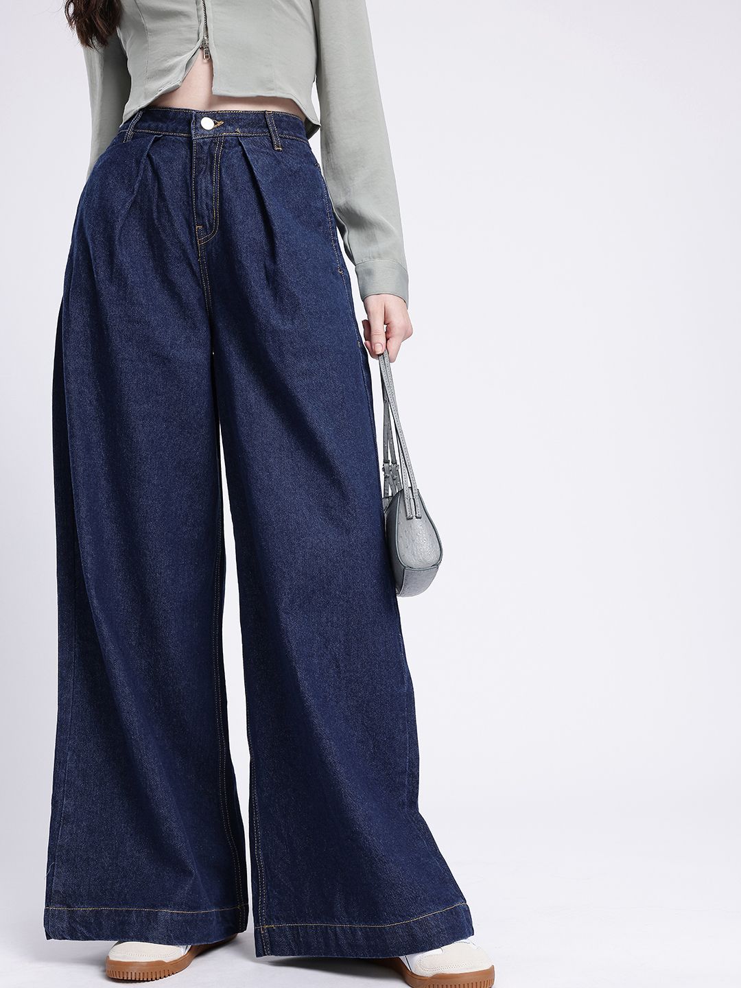 glitchez Women Wide Leg Pleated Jeans