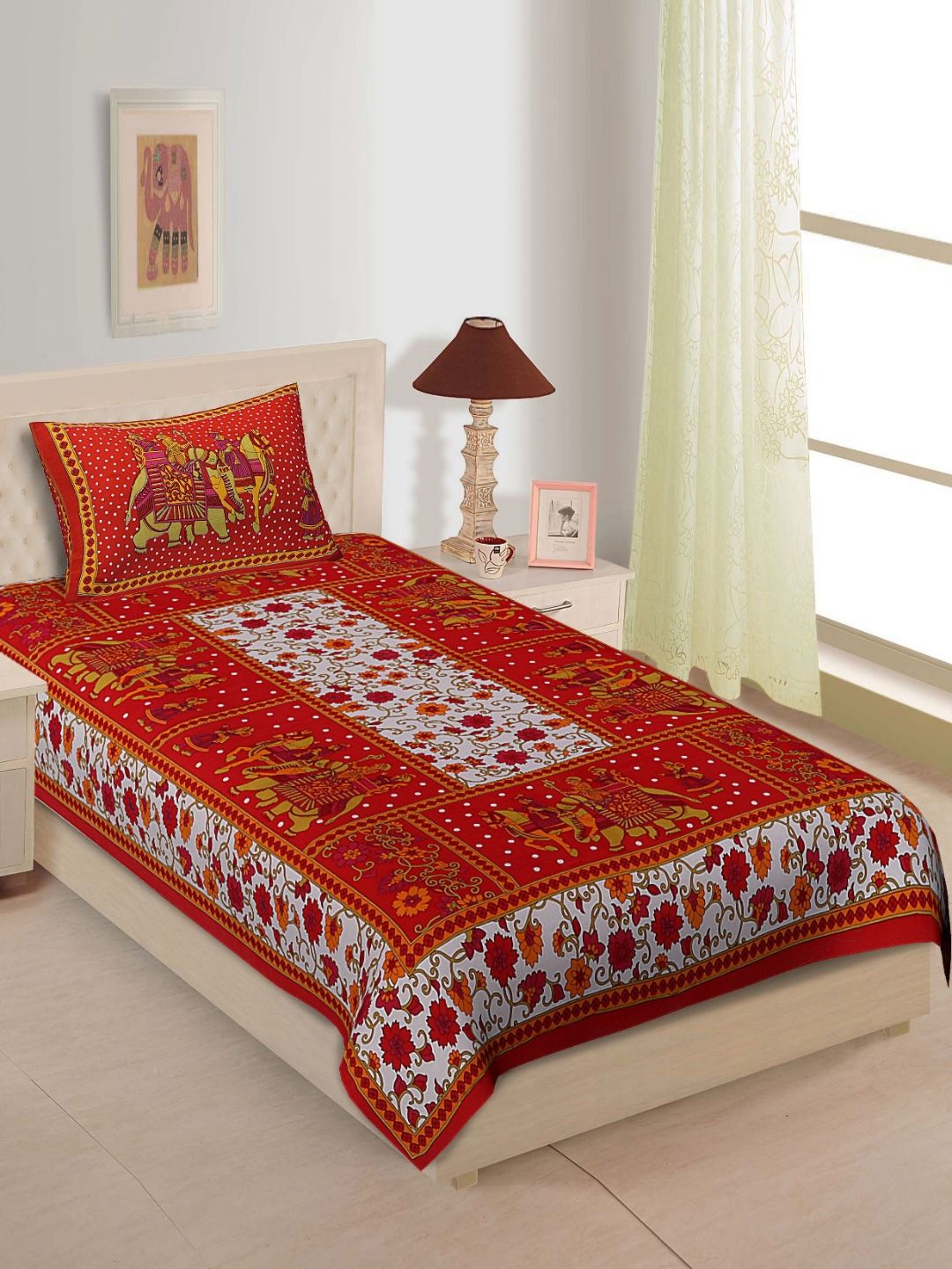POORAK Red & White Jaipuri Print Pure Cotton 104 TC Single Bedsheet with 1 Pillow Cover-image-27