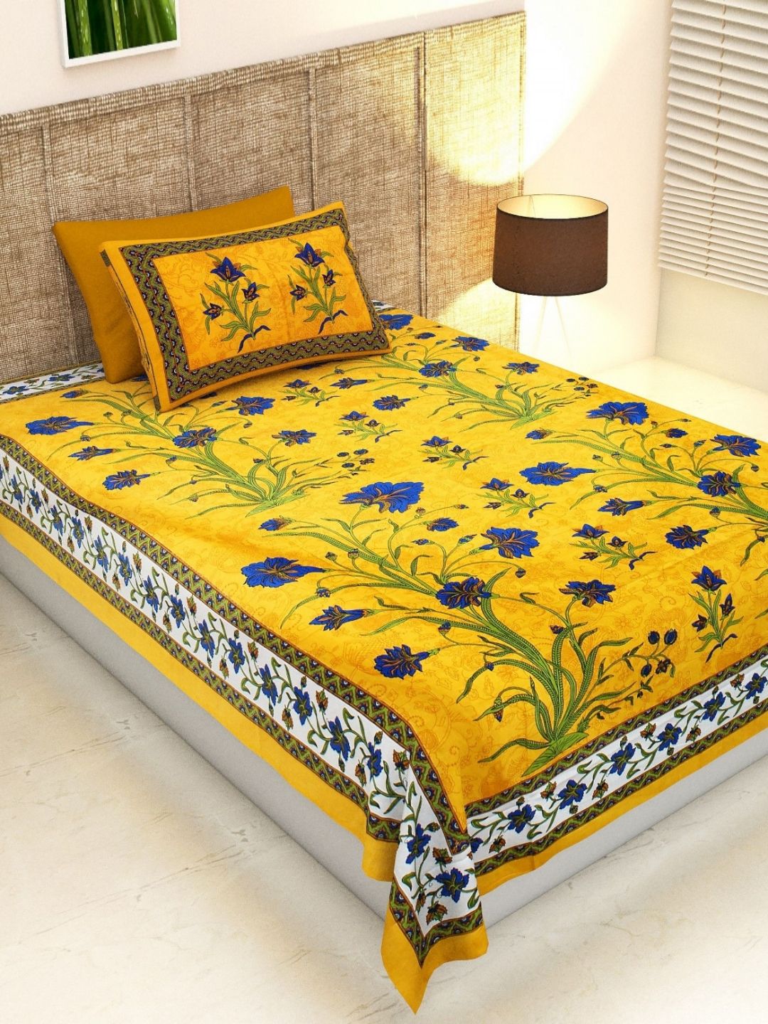 POORAK Yellow & Blue Jaipuri Print Cotton 104 TC Single Bedsheet Set 2.74 m x 2.74 m-image-23