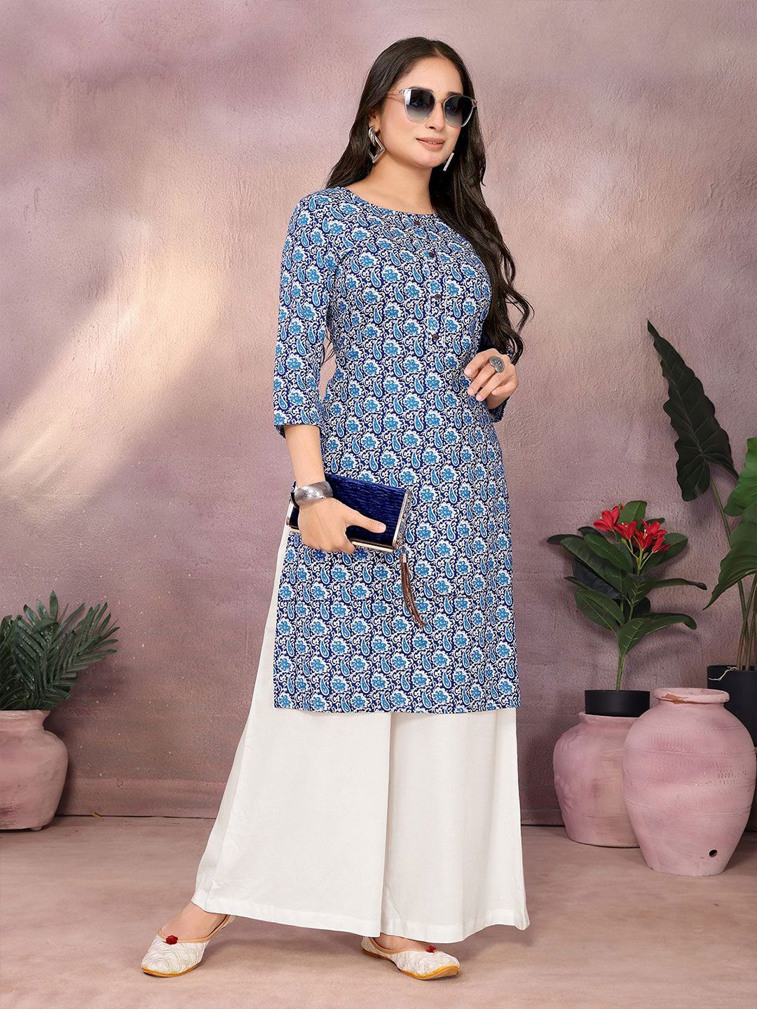 Kurta Donna Rangita In Cotone, Colore Ruggine, Stampata Etnica, Maniche 3/4, Girocollo, Taglie S-4XL