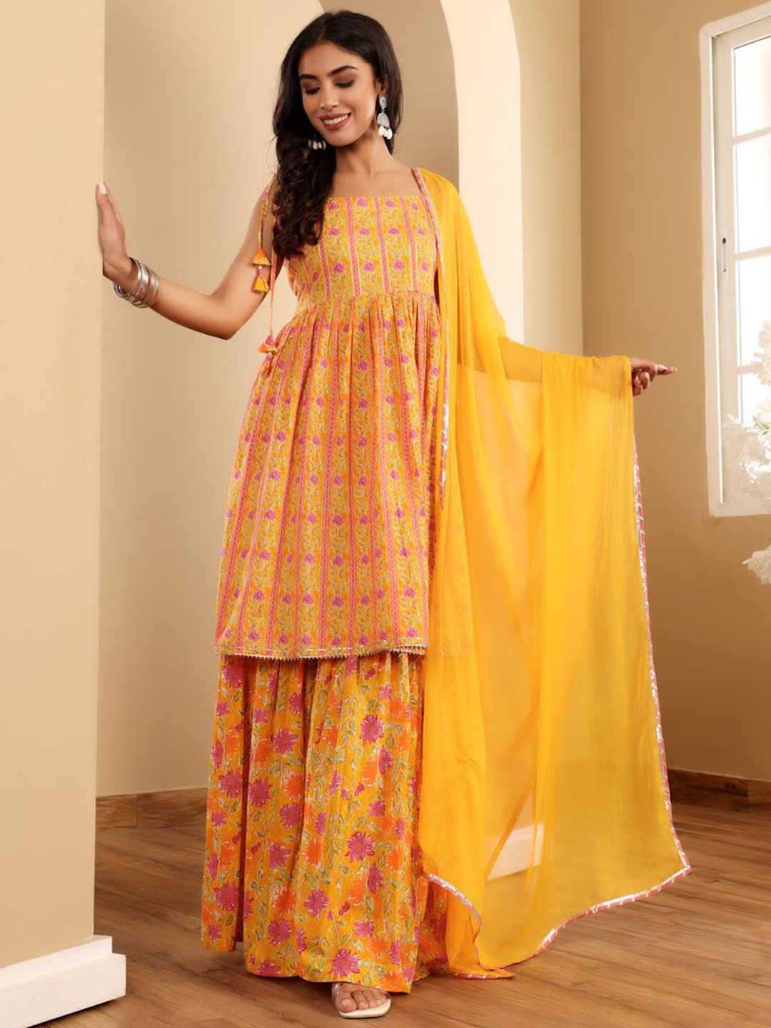 Varanga Floral Printed Square Neck Sleeveless Gotta Patti Kurta With Sharara & Dupatta