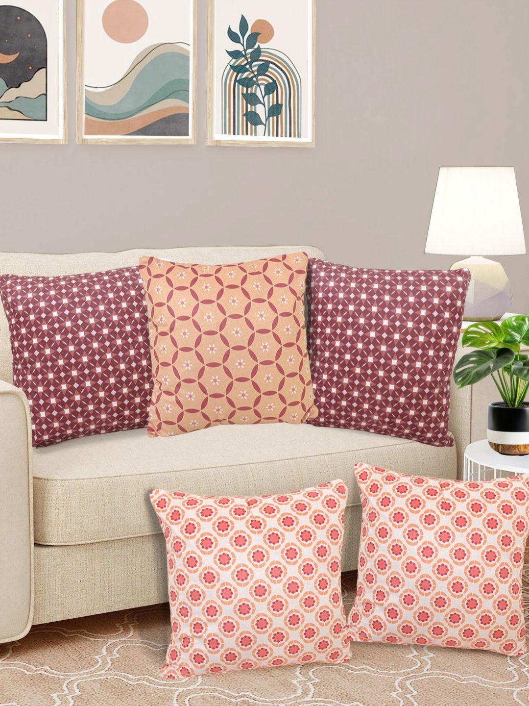 Myntra Elegant Homes White & Pink 5 Pieces Geometric Velvet Square Cushion Covers-image-12