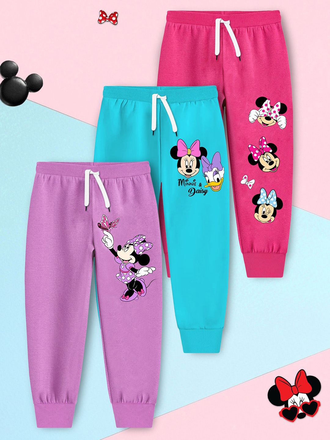 YK Disney Girls Pack Of 3 Minnie Mouse Printed Cotton Mid-Rise Joggers-picture-41