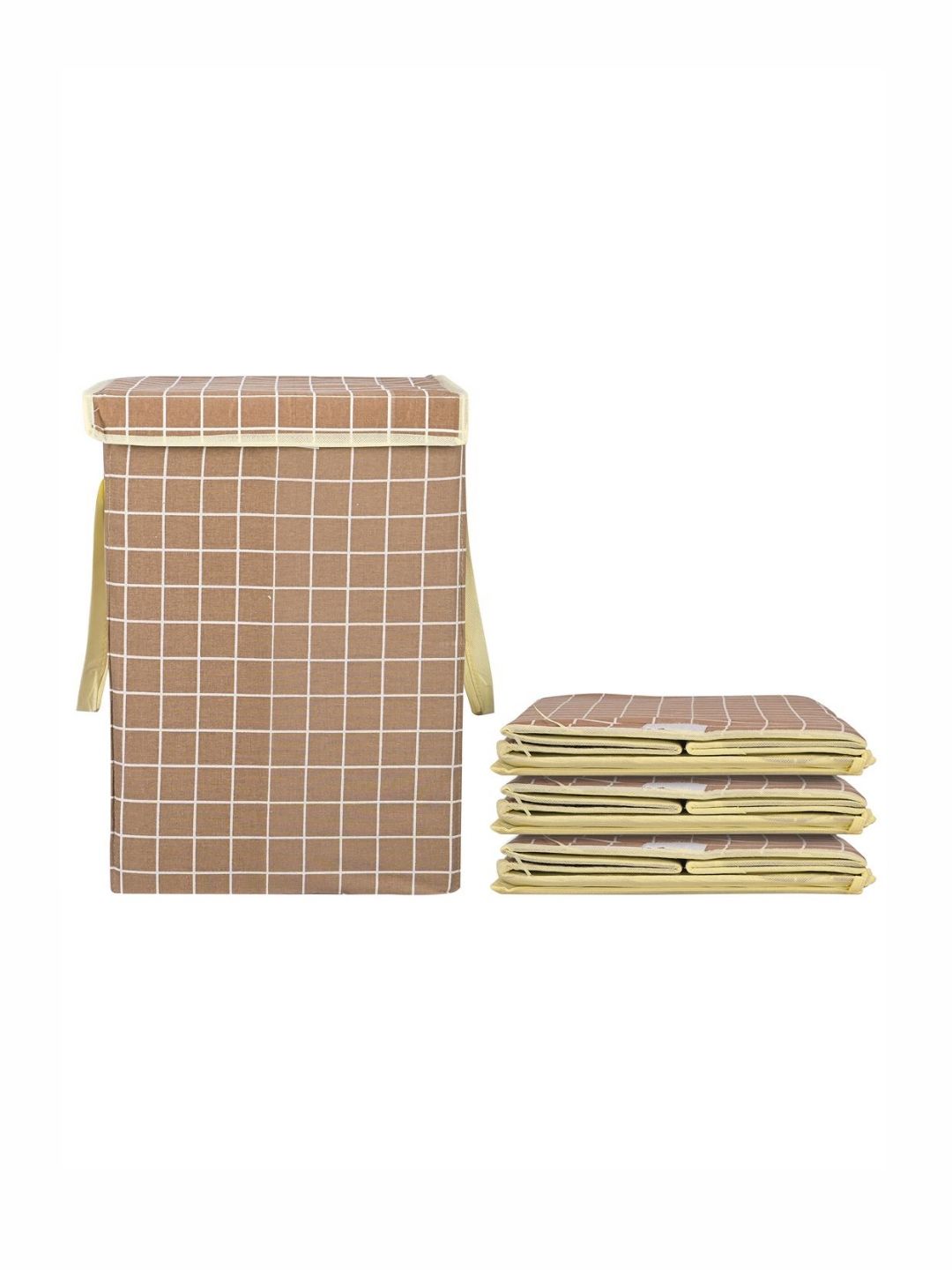 Aura 4Pcs White & Brown Checked Foldable Laundry Bags With Lid 75 L Each-image-24