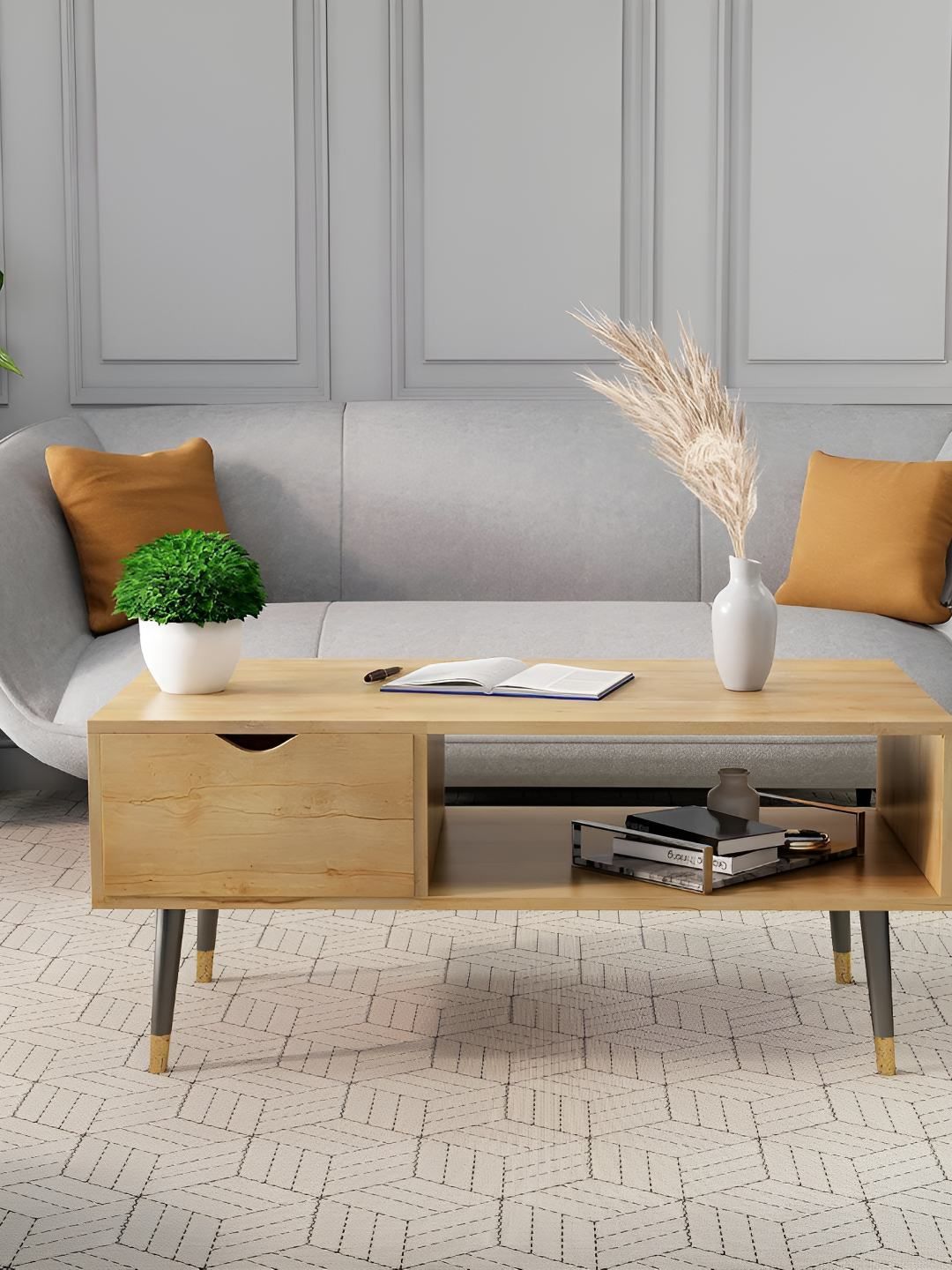 HEXA RED Brown Textured Wooden Rectangle Coffee Table