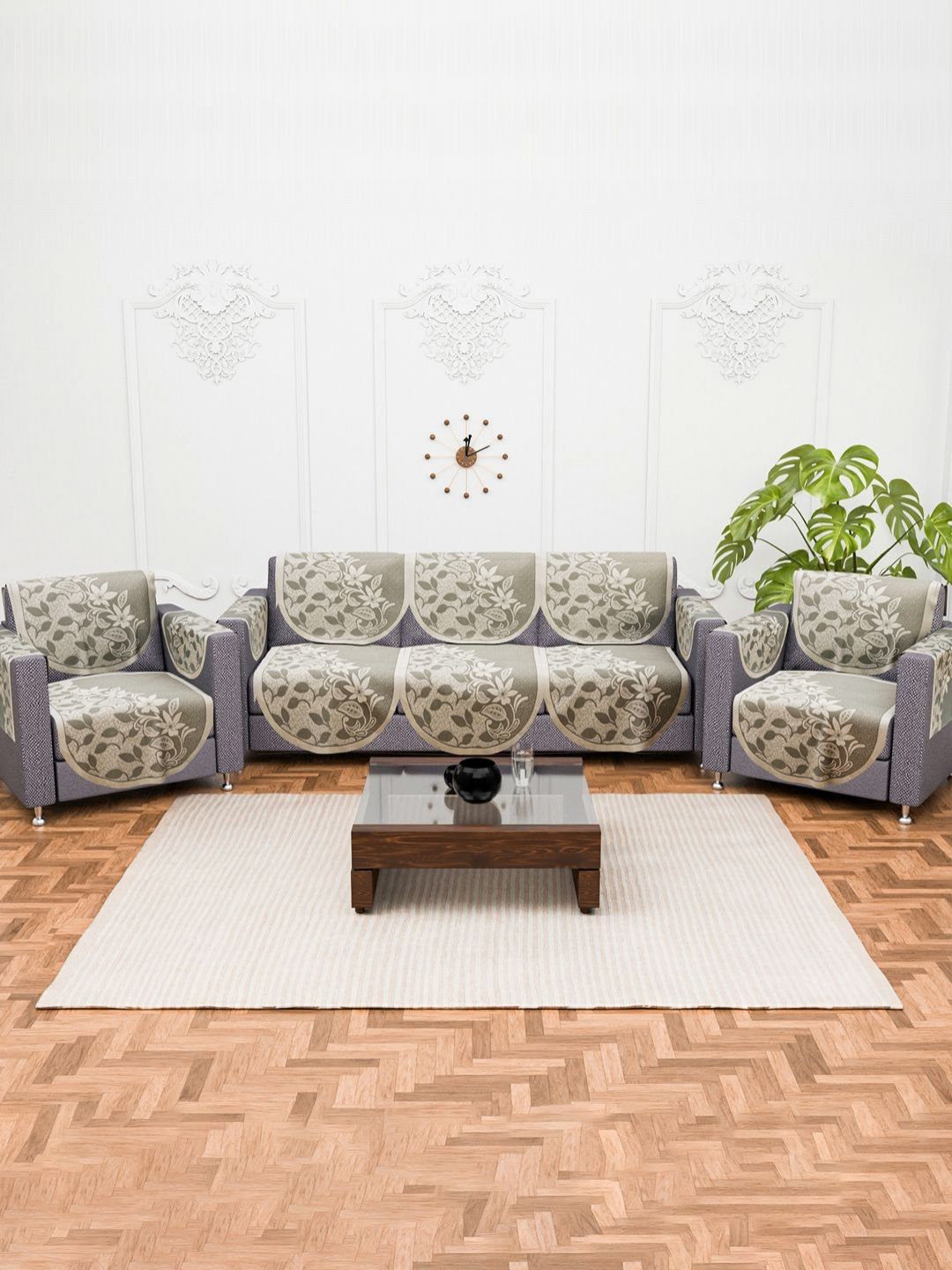 Aura Grey & Beige 16 Pieces Embroidered Cotton 5 Seater Sofa Covers With Arms-picture-28