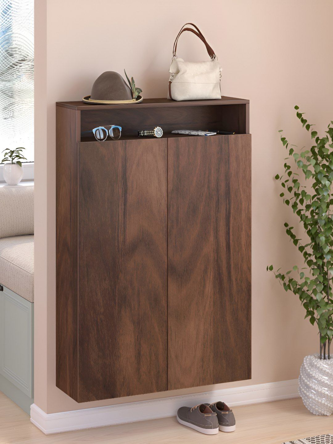 bluewud Whartin Brown Wooden Wall Mount Shoe Rack-picture-32
