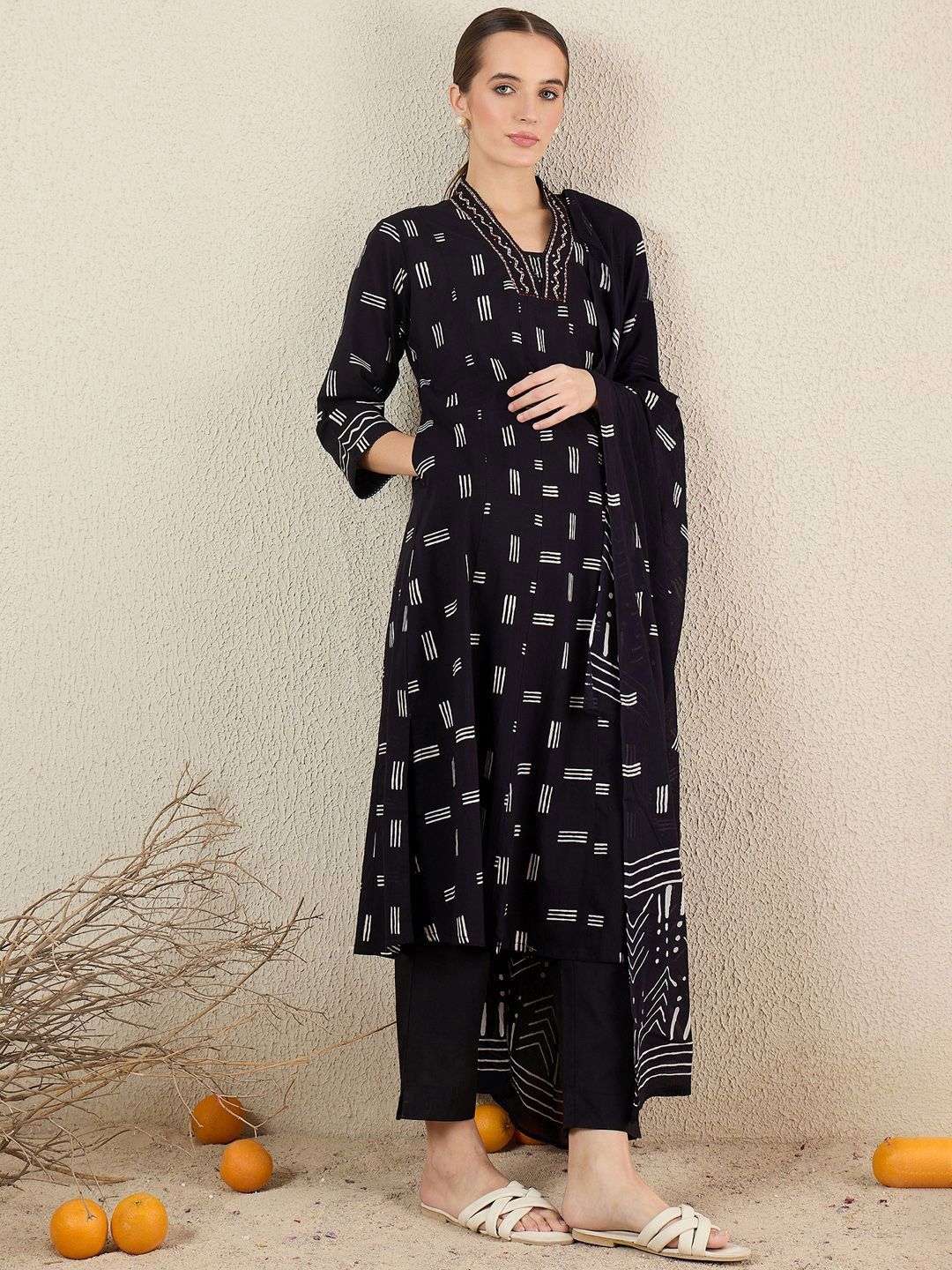 Indo Era Women Striped Cotton Kurta with Trousers & Dupatta-picture-16