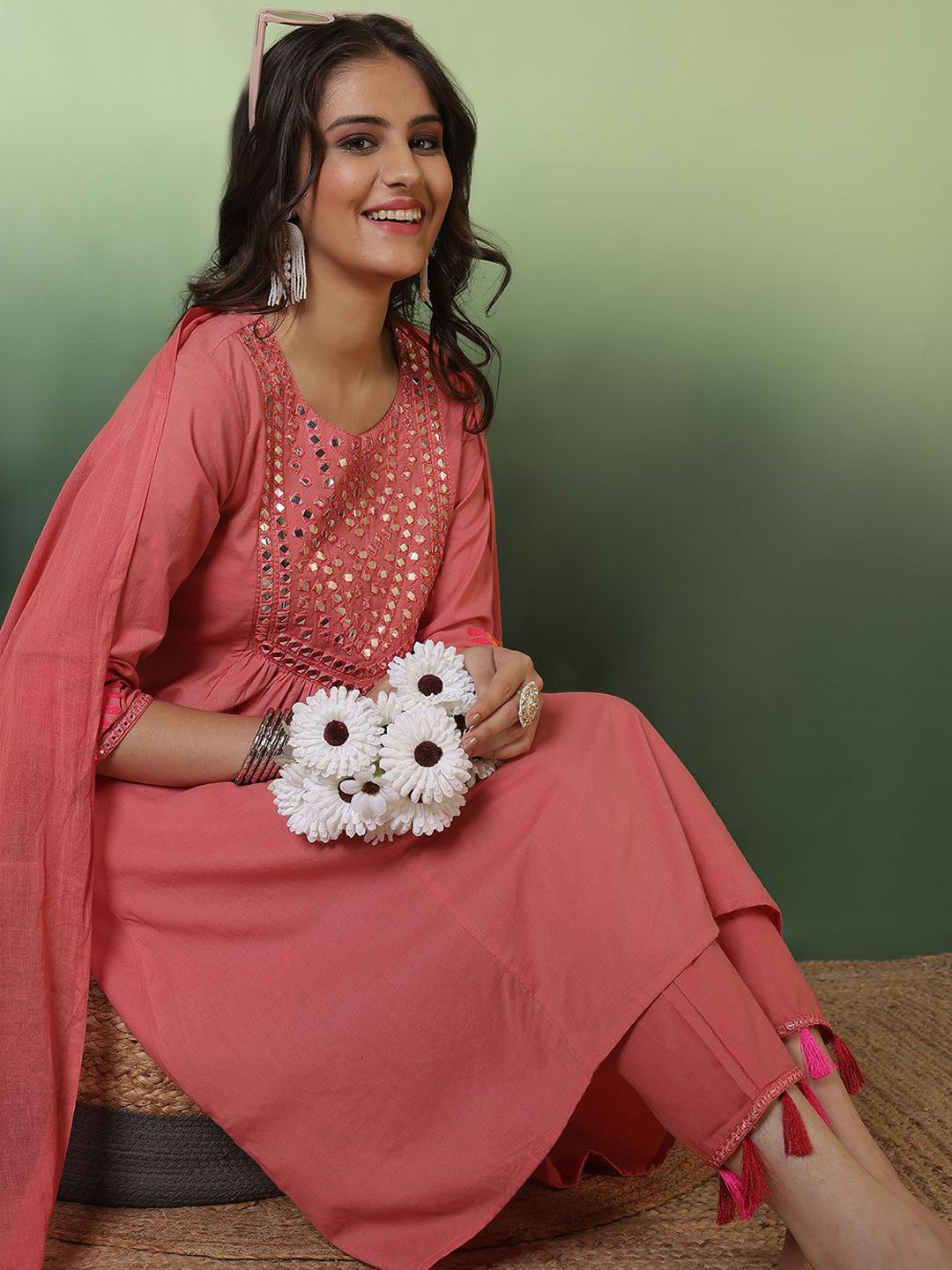 Sangria Women Embroidered Pure Cotton Kurta With Trouser & Dupatta