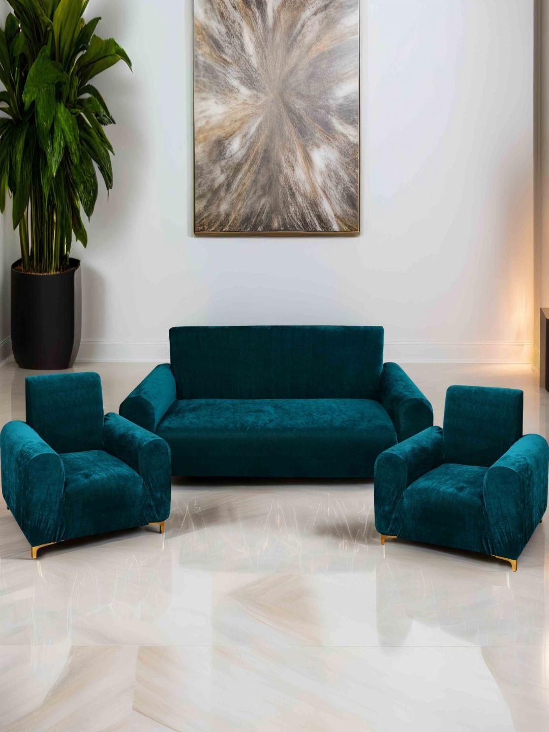 DECOR VATIKA Green Solid Velvet 3 Piece Sofa Cover With Arms-picture-43