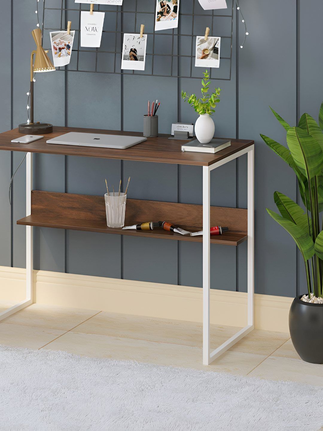 bluewud Corbyn Brown & White Wooden & Metal Study Table