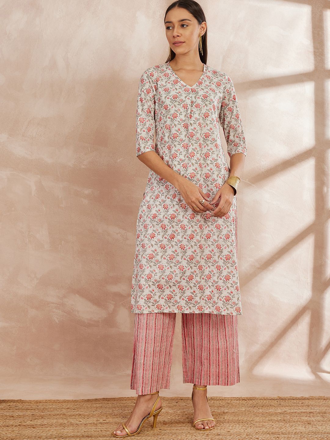 HERE&NOW Women Ethnic Motifs Printed Regular Sequinned Pure Cotton Kurta with Trousers