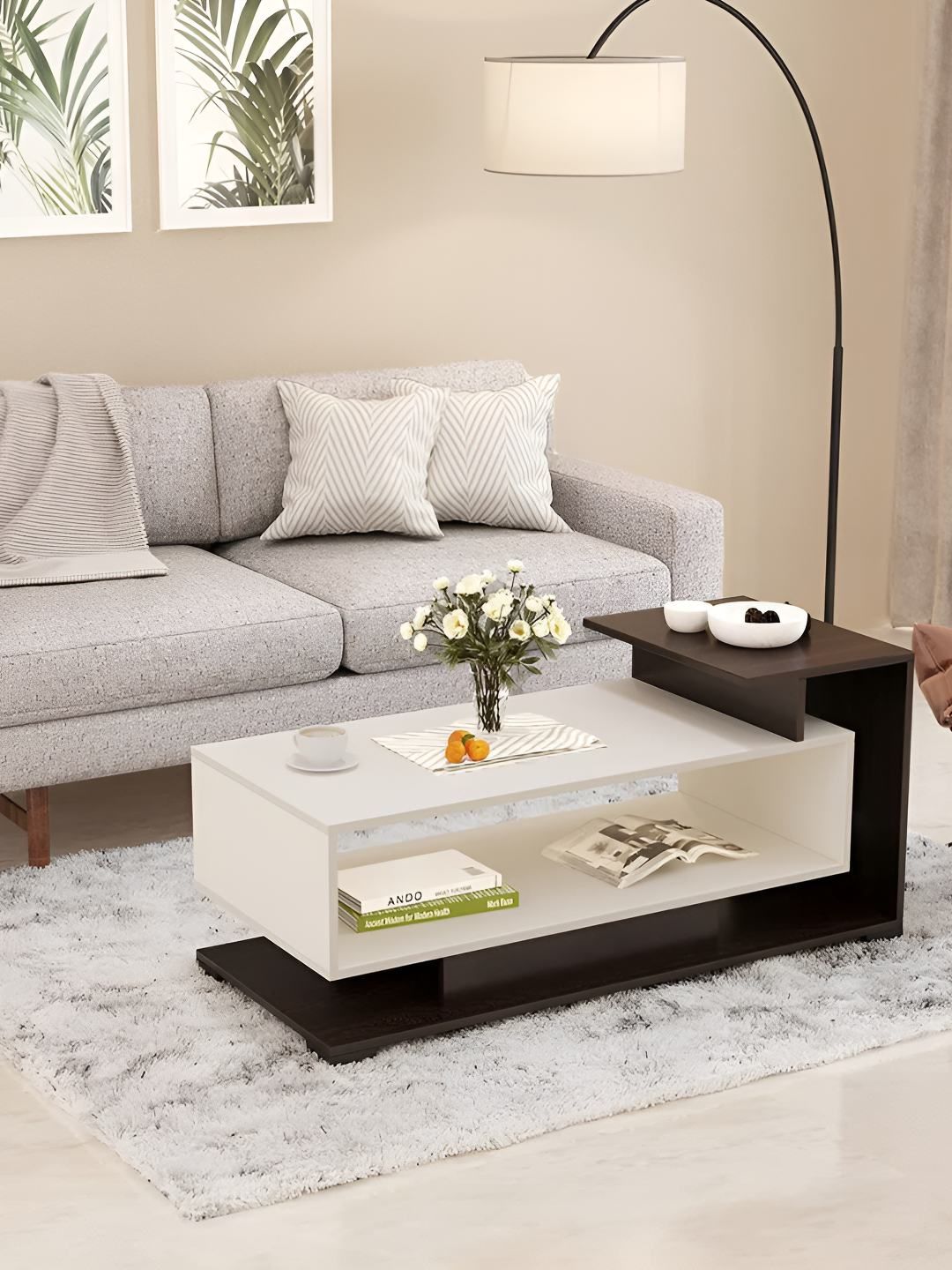bluewud Declove Brown & White Textured Wooden Rectangle Coffee Table-image-26