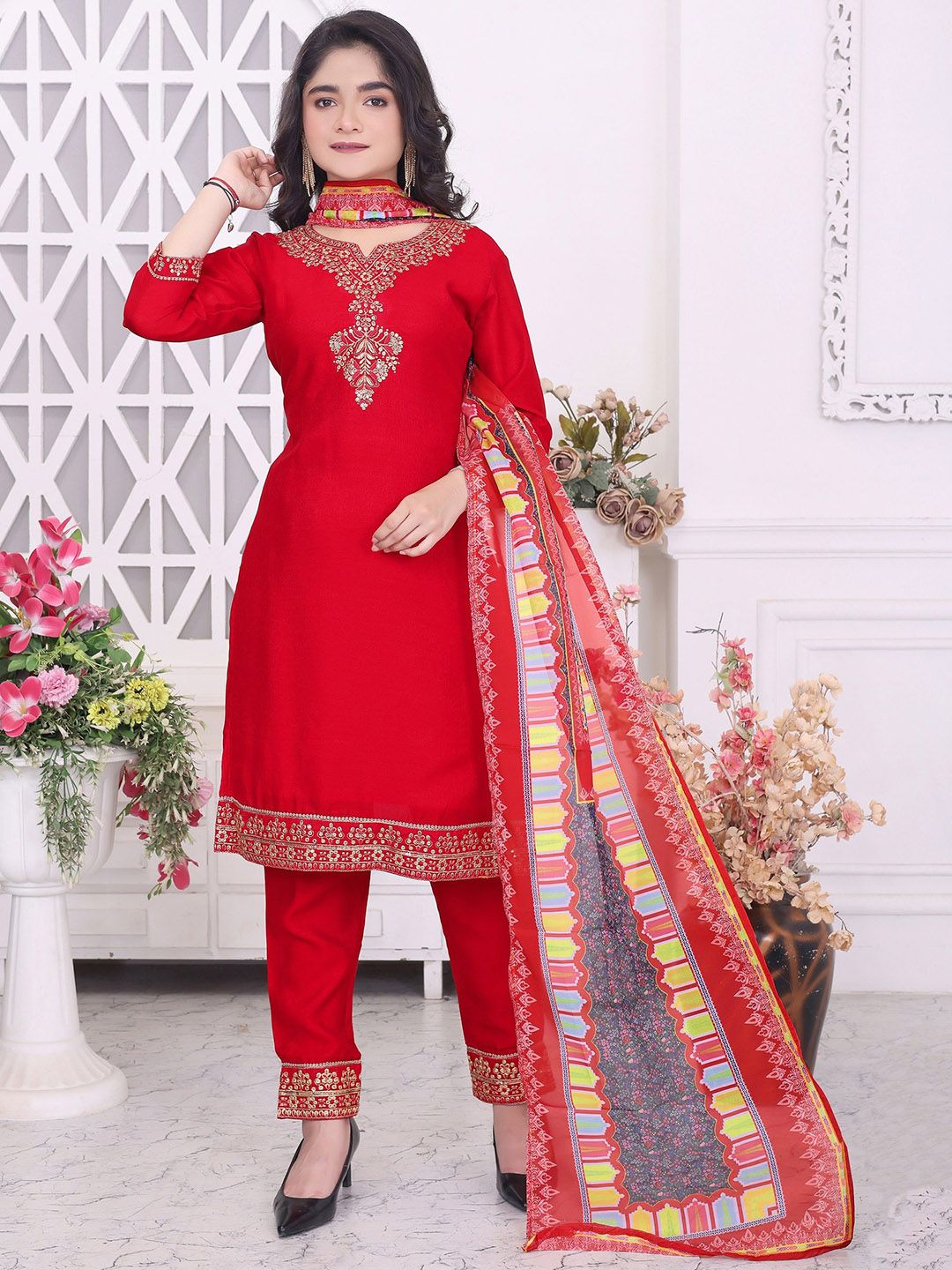 7Tiara Girls Floral Embroidered Notched Neck Silk Blend Kurta With Trouser & Dupatta-picture-53