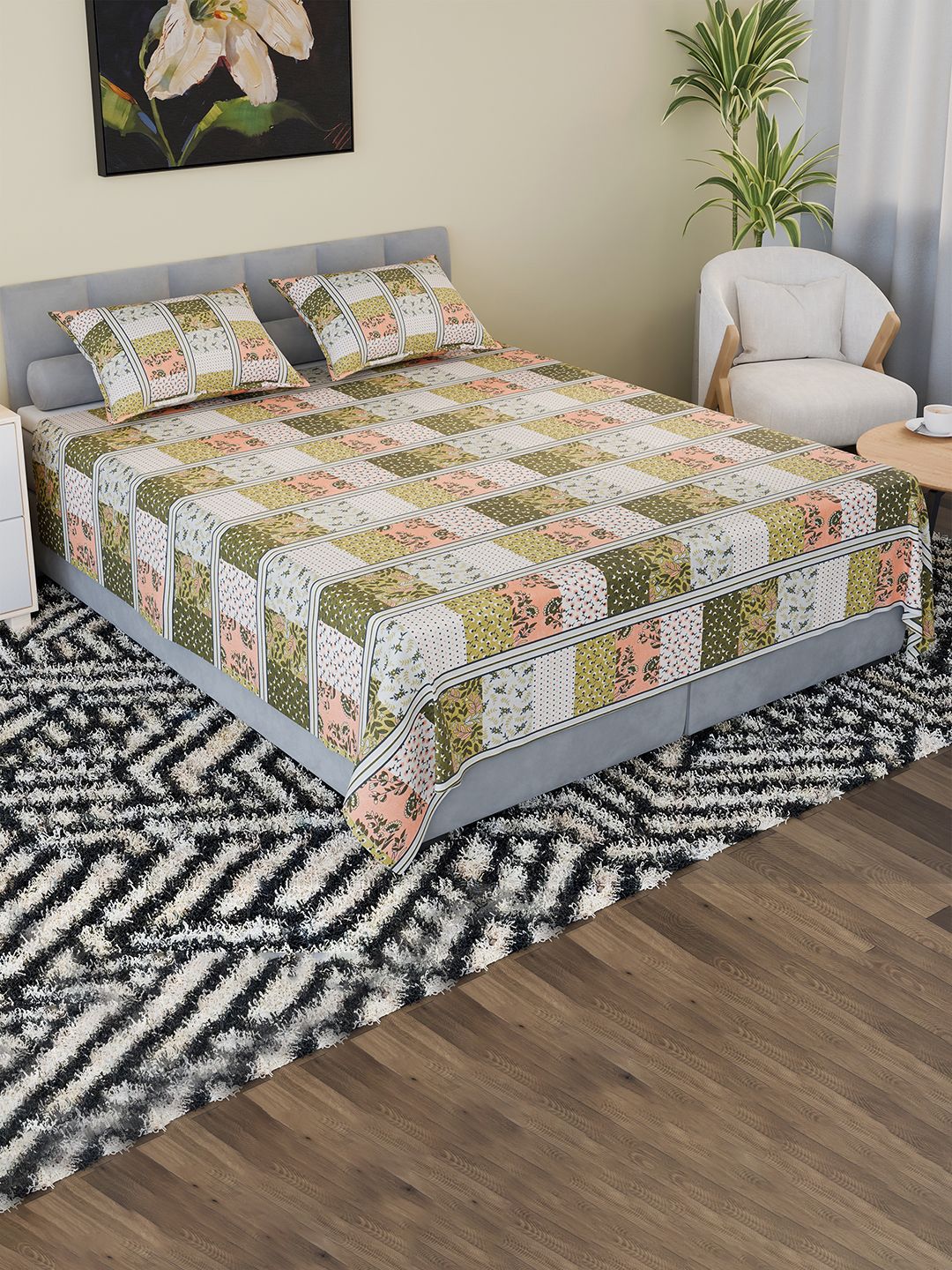 Kuber Industries Green & White Printed 144 TC Cotton King Bedsheet Set 2.40 m x 2.25 m-picture-44