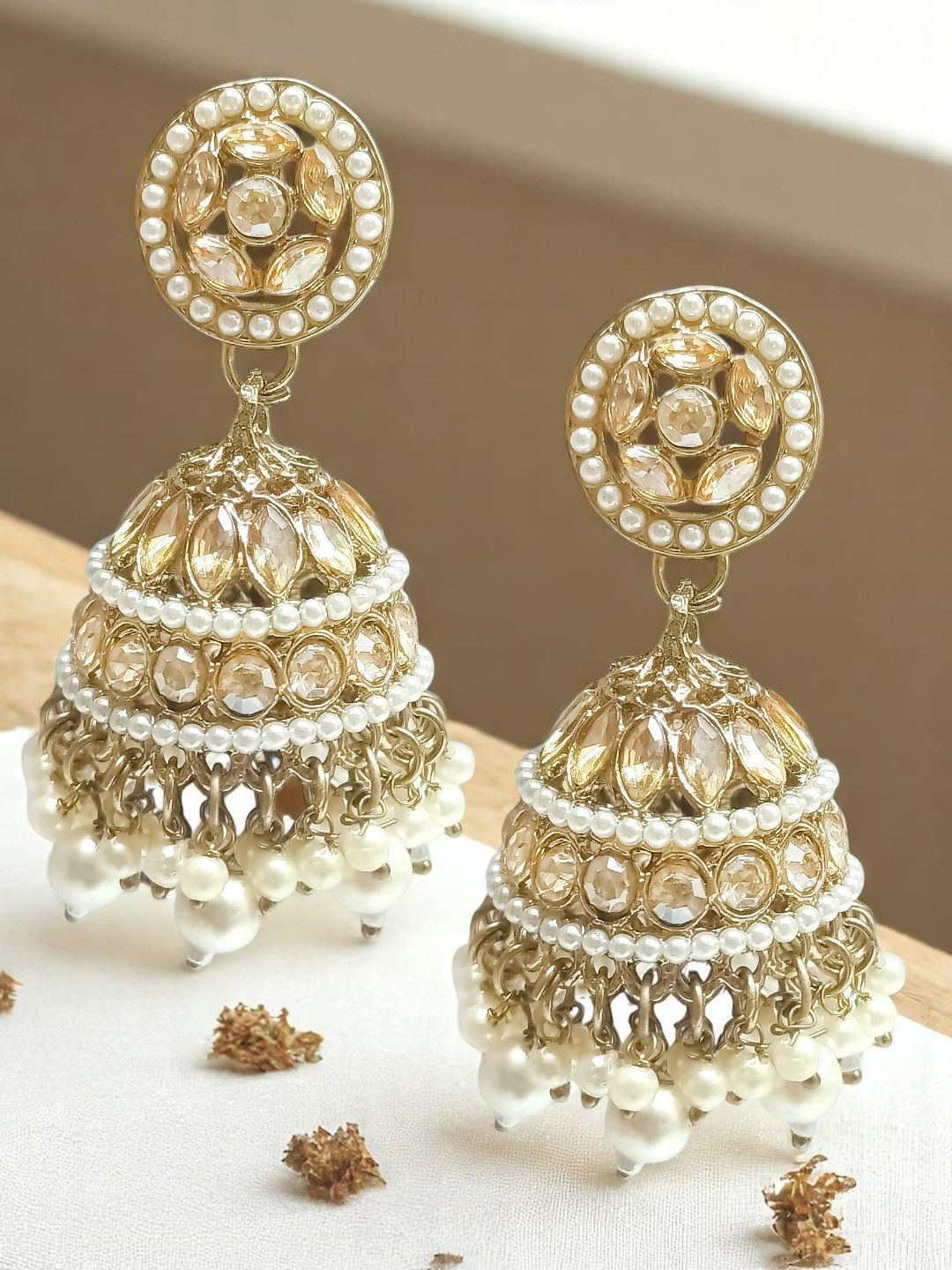 OOMPH Gold Plated Artificial Stones Studded And Beaded Dome Shape Jhumkas-image-2