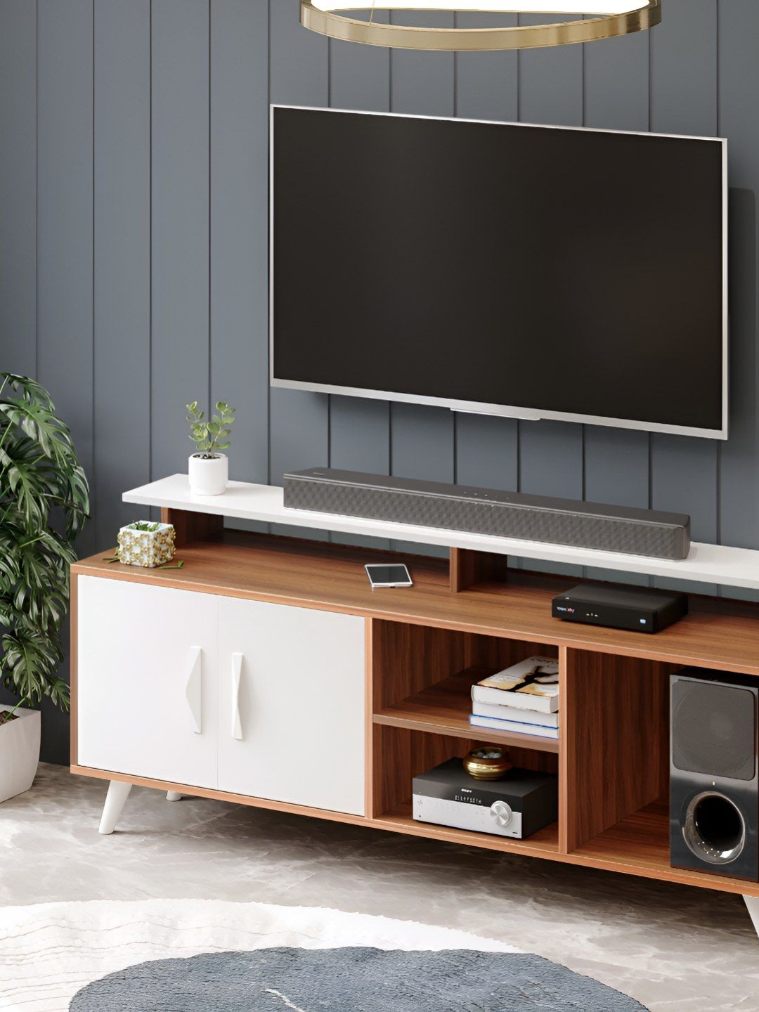 bluewud Skiddo Brown & White Wooden TV Entertainment Unit With Cabinets