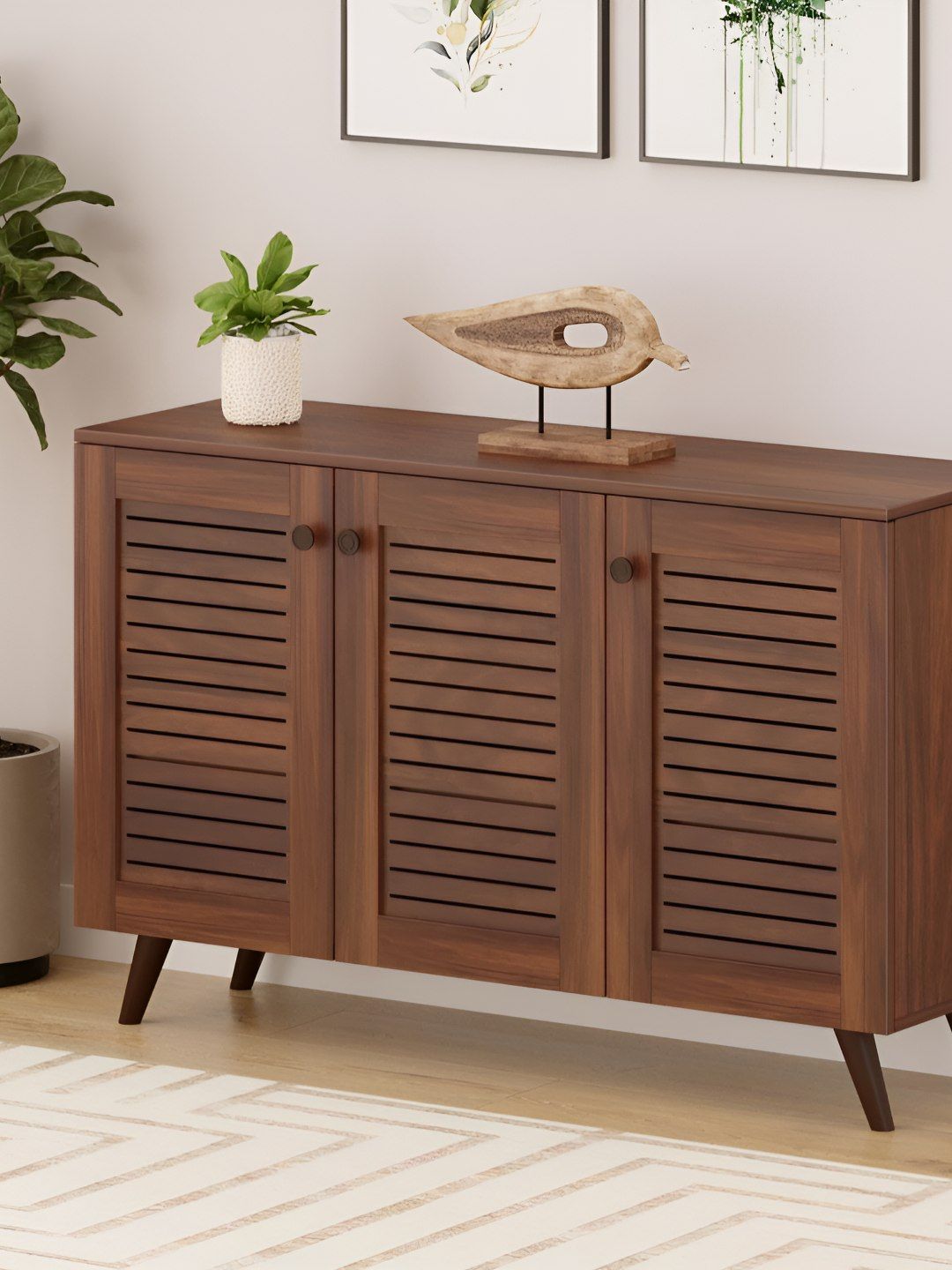 bluewud Carlem Brown Wooden 3 Door Shoe Rack Cabinet With Vent Door