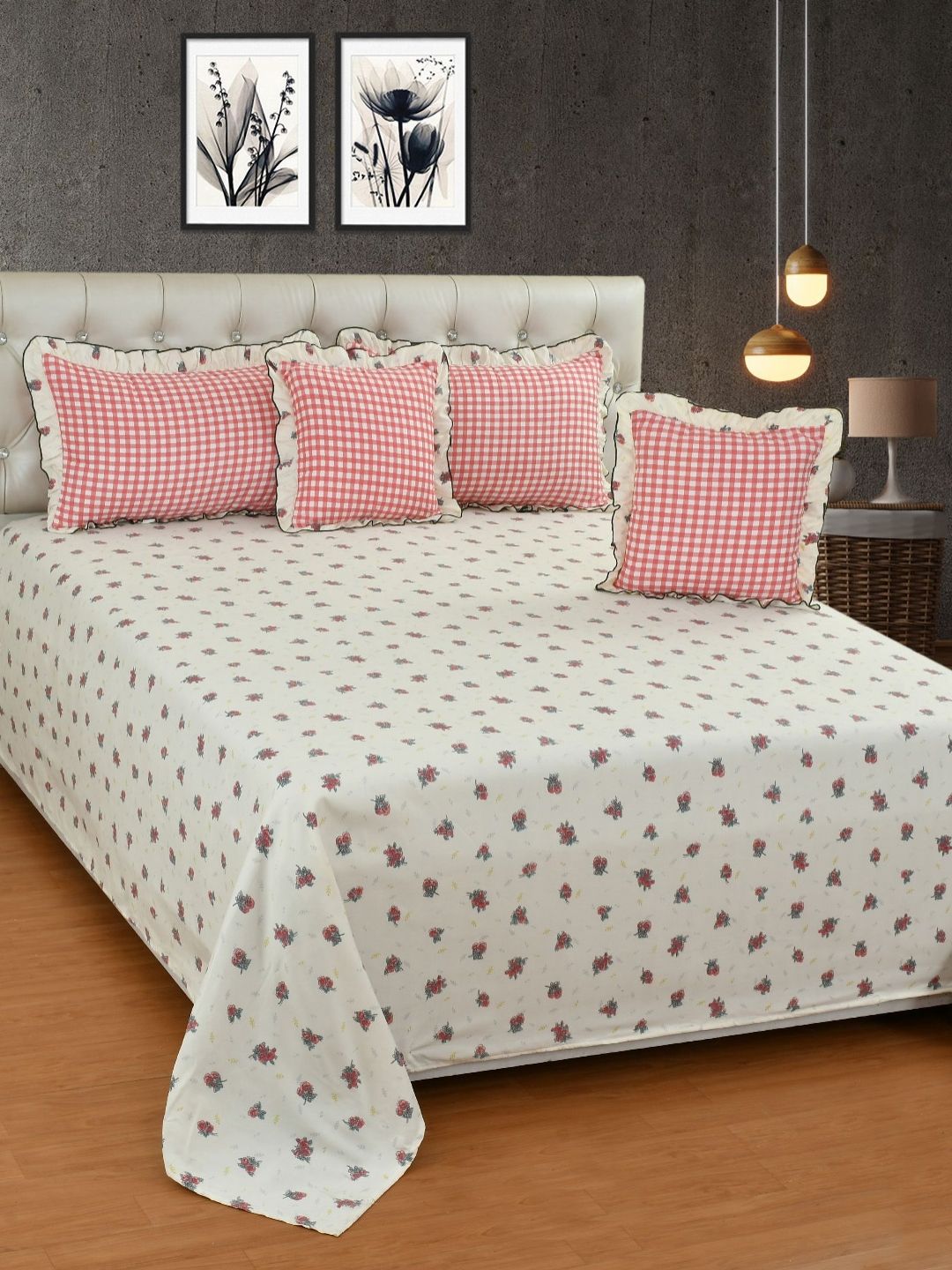 BREVARD Pink 5 Pieces Double King Superfine Bedding Set-image-38