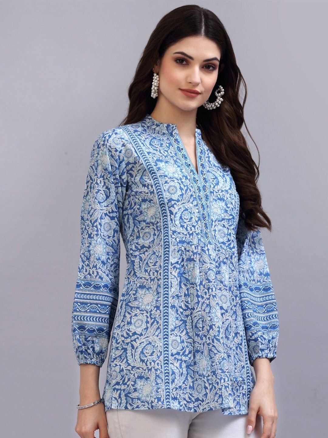 BAESD Women Floral Print Mandarin Collar Ethnic Cotton Longline Top-picture-11