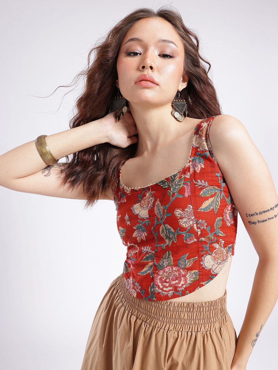 glitchez Smocked Floral Printed Crop Top-picture-6