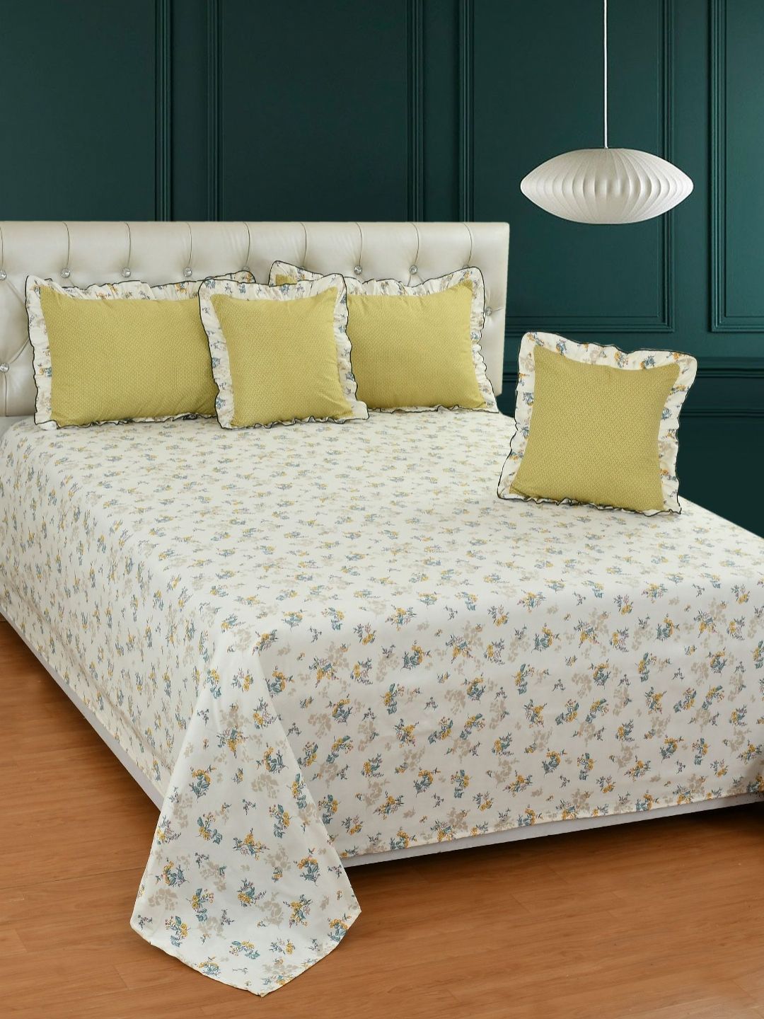 MORADO Mustard & White Ethnic Motifs Polycotton 5 Pieces Double King Superfine Bedding Set-image-1