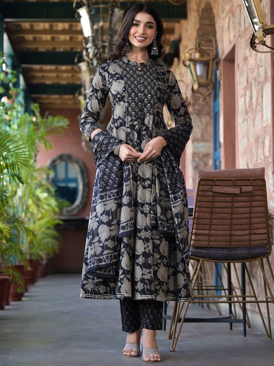 Varanga Women Floral Printed Panelled Mirror Work Kurta with Trousers & With Dupatta